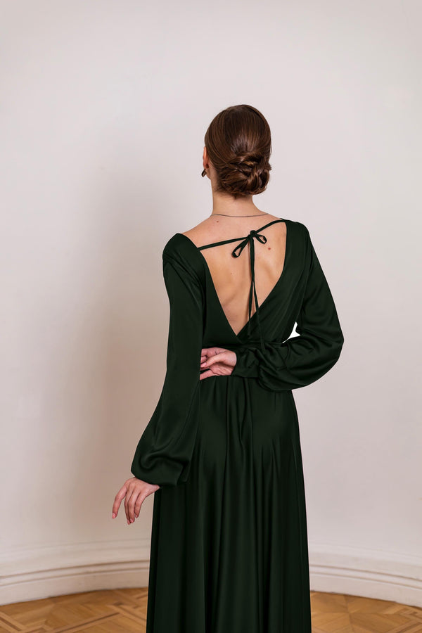 Nadia Olive Satin Open-Back Maxi Dress