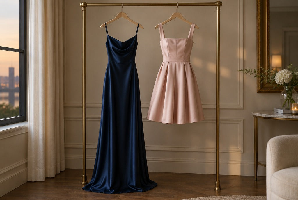 A floor-length navy satin gown and a knee-length blush cocktail dress hanging side by side on a brass rail in an elegant room with soft evening light