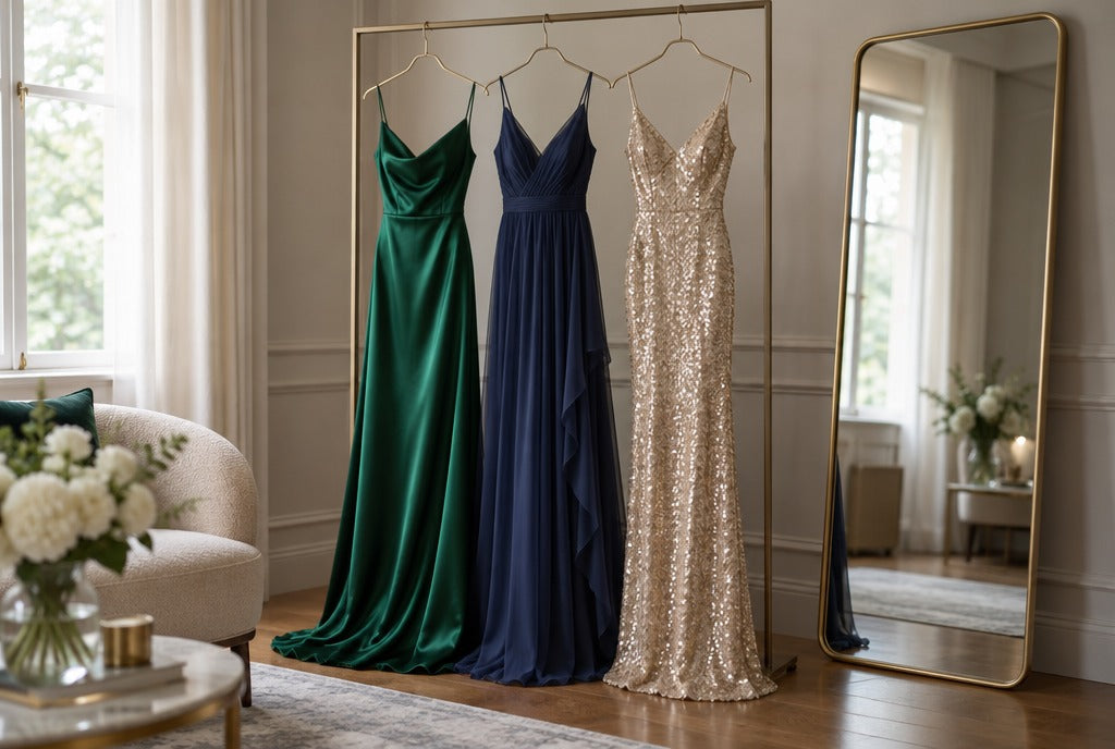 Three floor-length evening gowns in emerald satin, navy chiffon and champagne sequins on slim hangers beside a full-length mirror in an elegant room