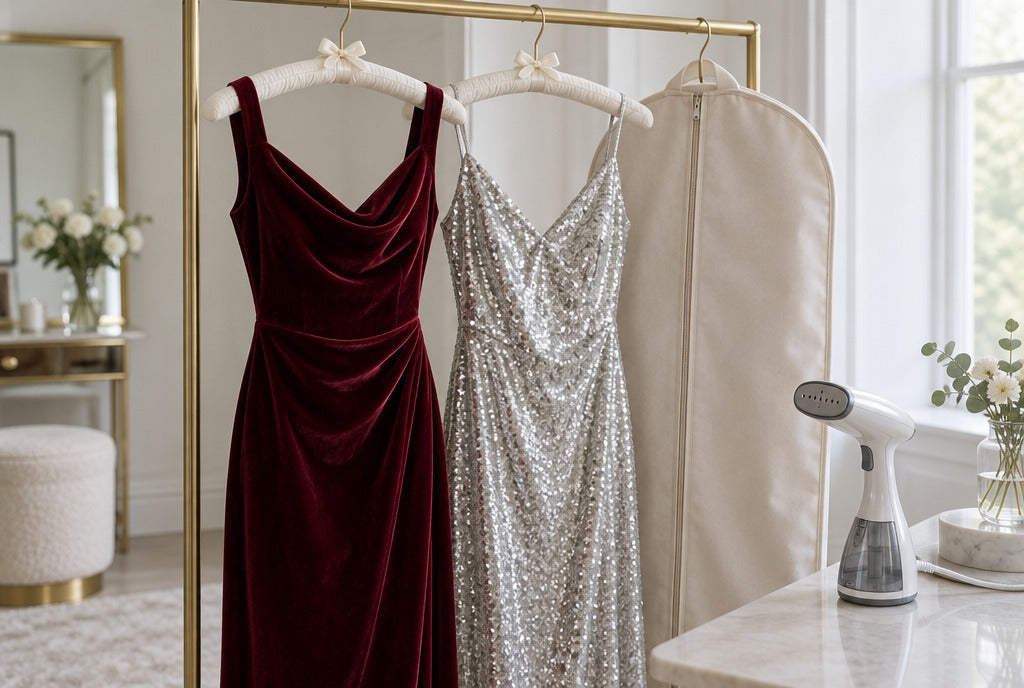 A burgundy velvet dress and a silver sequin dress on padded hangers beside a handheld garment steamer and a garment bag in a bright dressing room