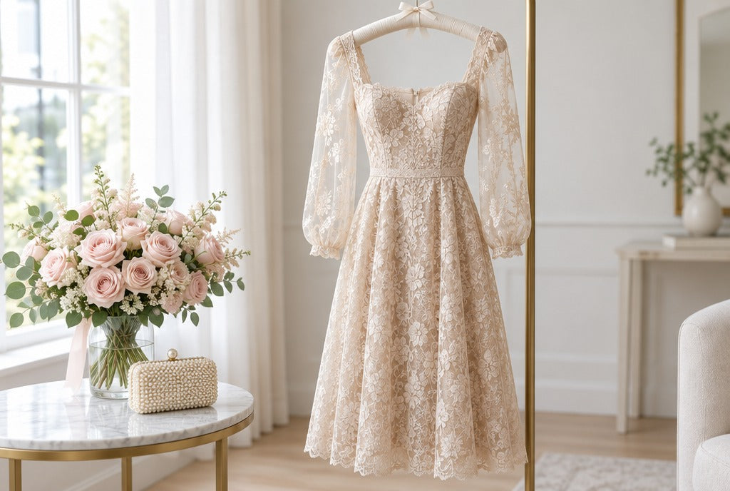 An elegant champagne lace midi dress with sheer sleeves on a padded hanger beside a bouquet of blush roses and a pearl clutch in a bright room