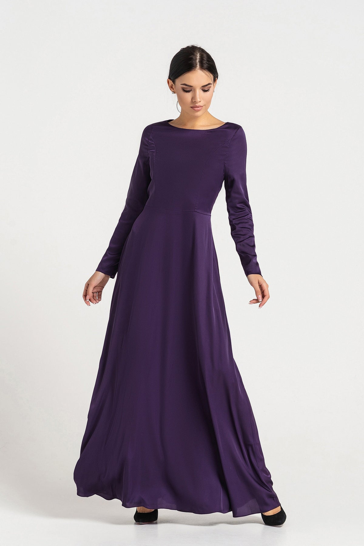 Kaia Purple Satin A-Line Maxi Dress — view 3