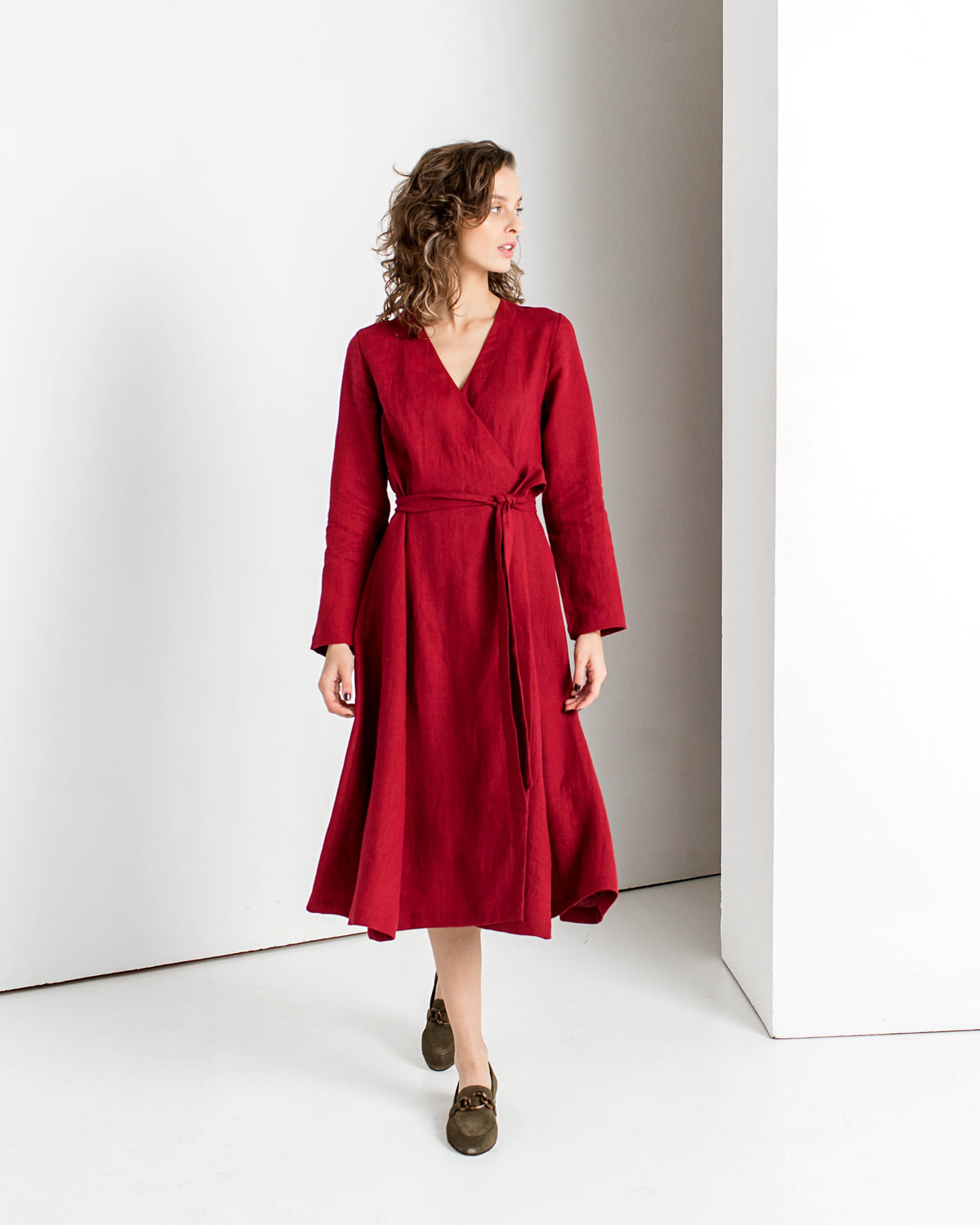Fleur Red Linen Wrap Midi Dress — view 2