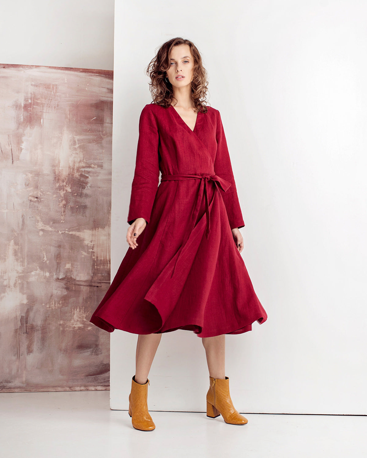 Fleur Red Linen Wrap Midi Dress — view 4