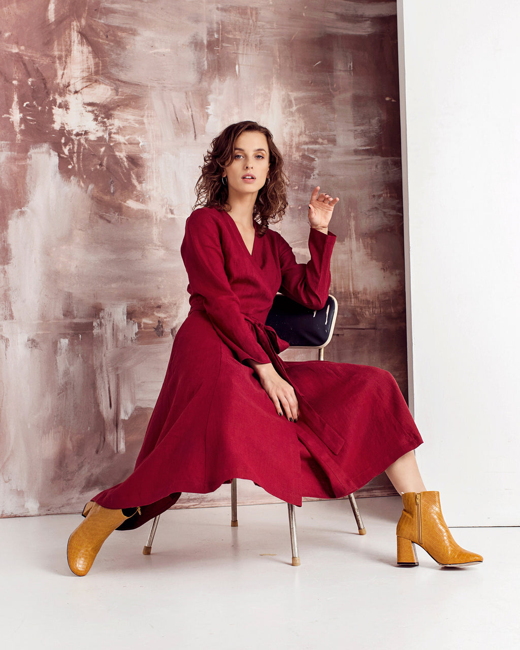 Fleur Red Linen Wrap Midi Dress — view 5