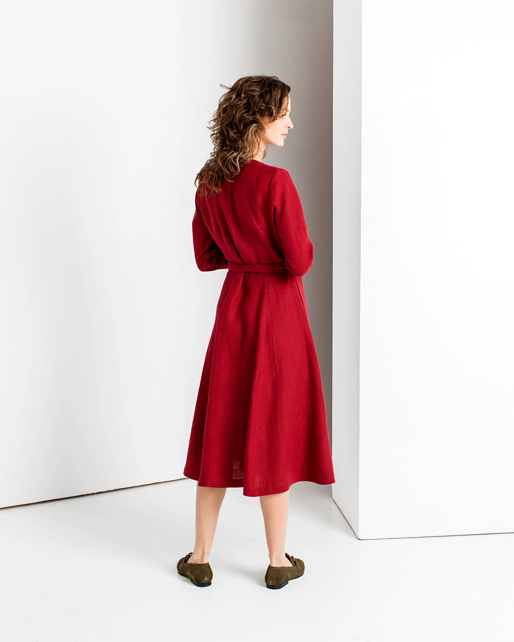 Fleur Red Linen Wrap Midi Dress — view 3