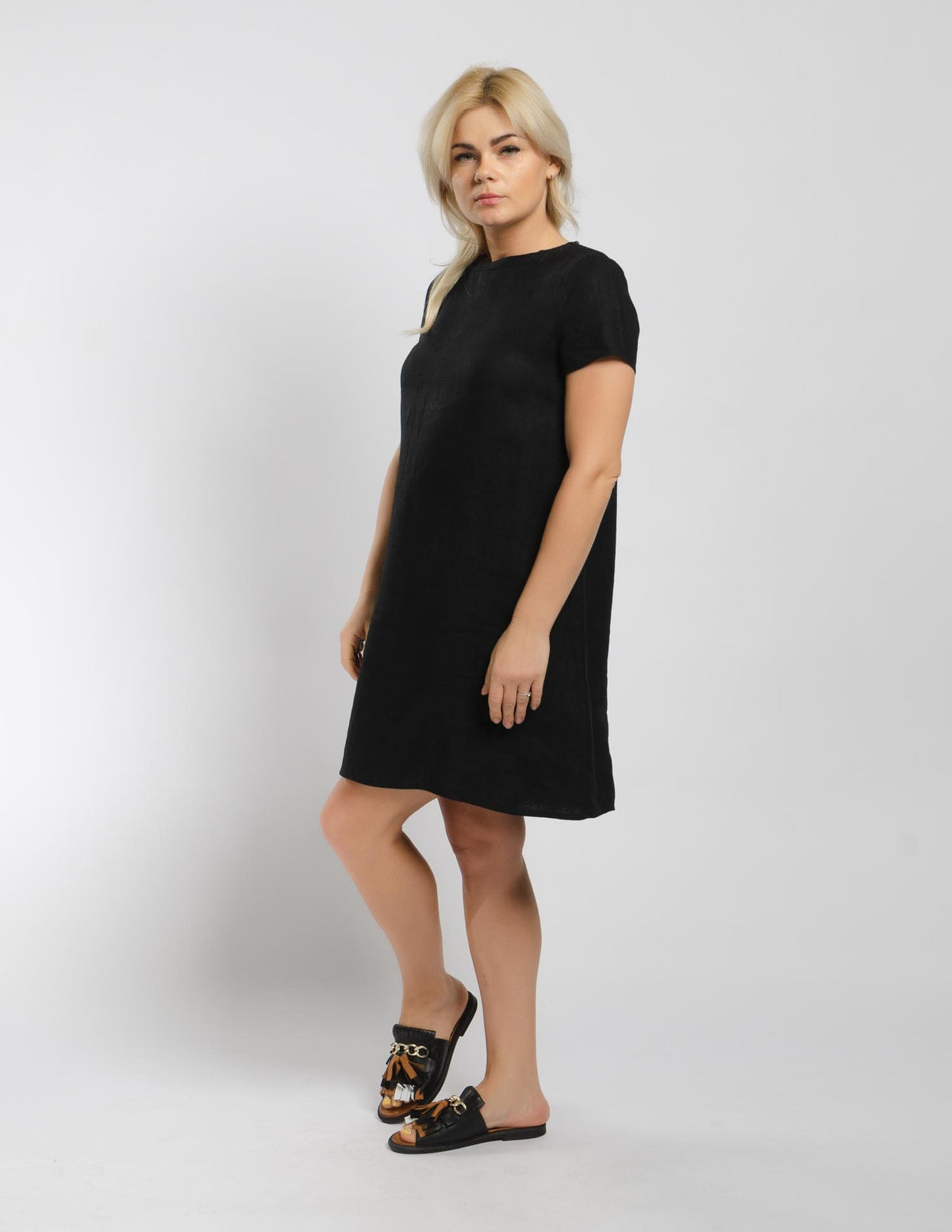Elena Black Linen Midi Dress — view 2