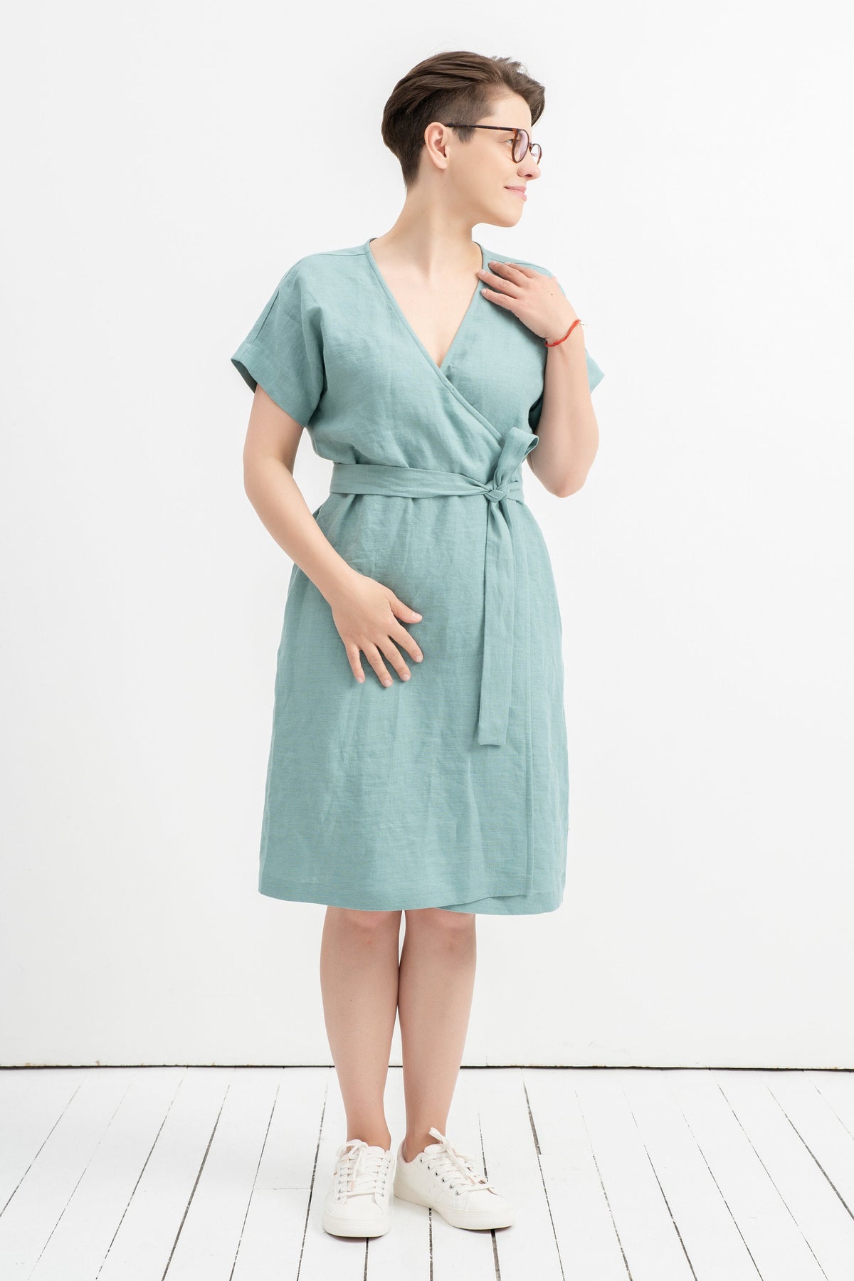 Halle Light Blue Linen Wrap Midi Dress — view 3