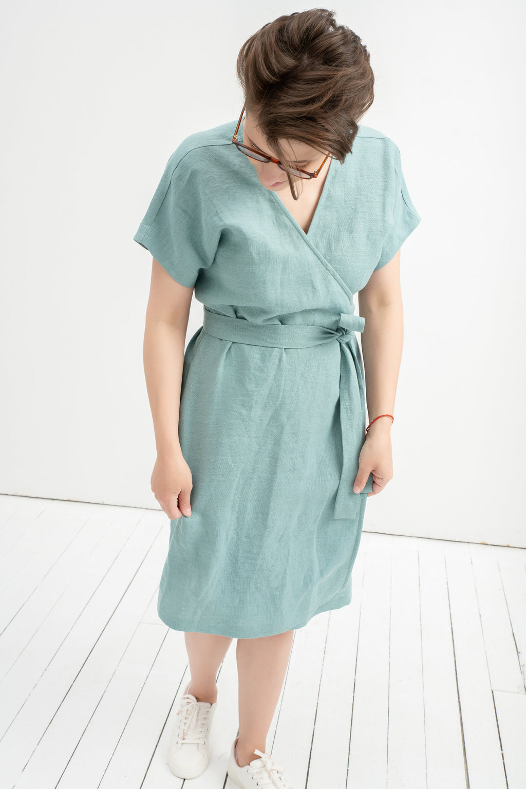 Halle Light Blue Linen Wrap Midi Dress — view 5