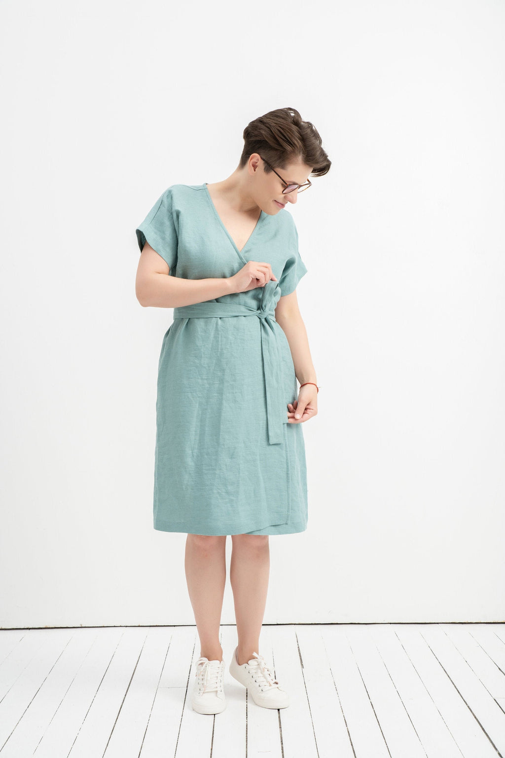 Halle Light Blue Linen Wrap Midi Dress — Occasions by Paulette