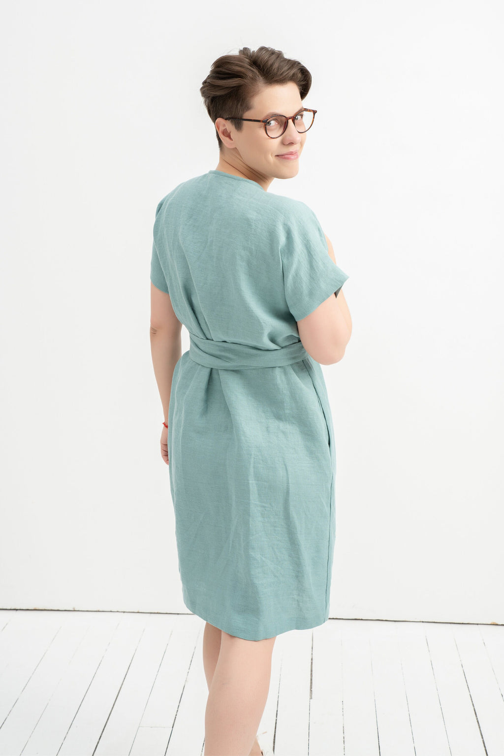 Halle Light Blue Linen Wrap Midi Dress — view 4