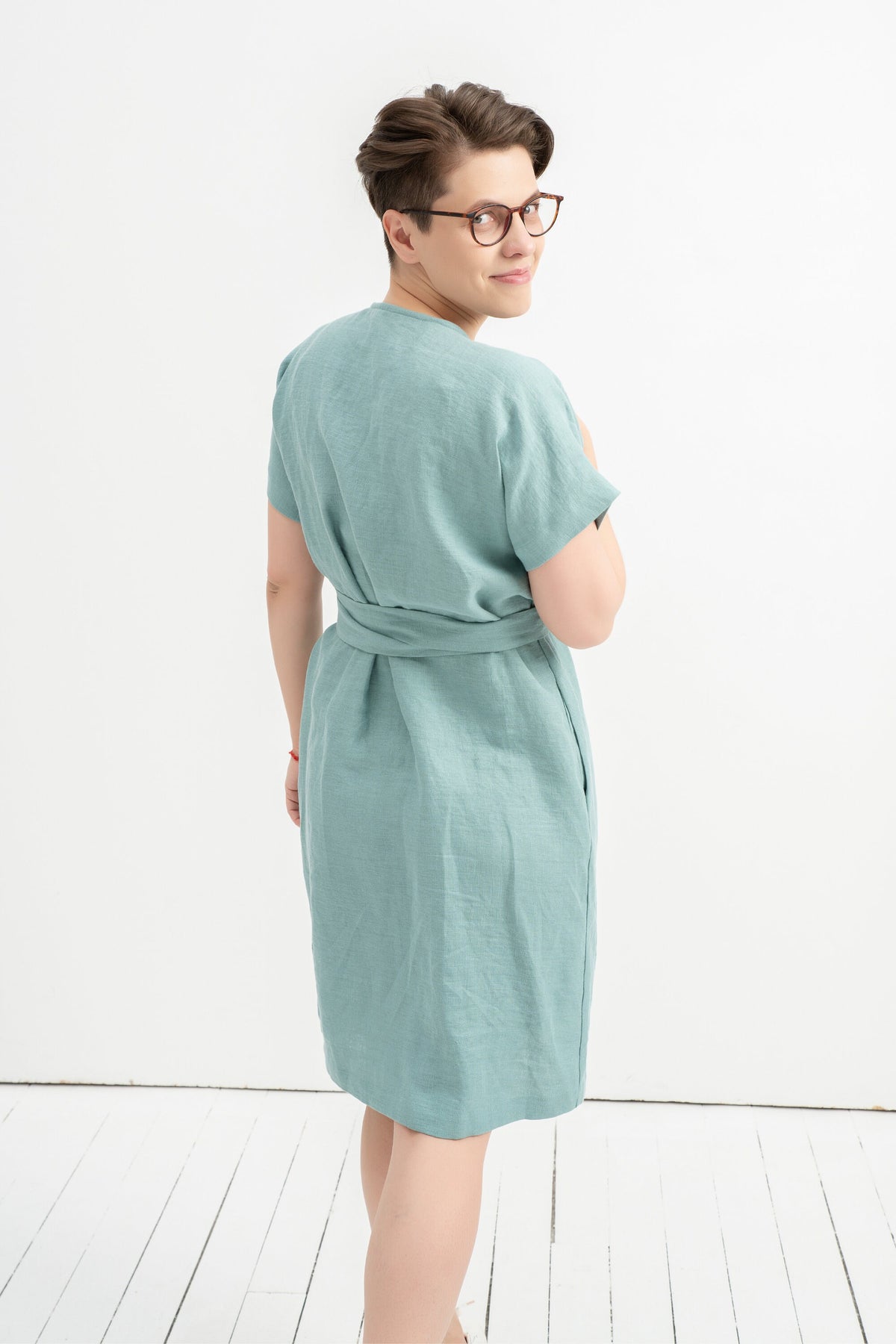 Halle Light Blue Linen Wrap Midi Dress — view 4