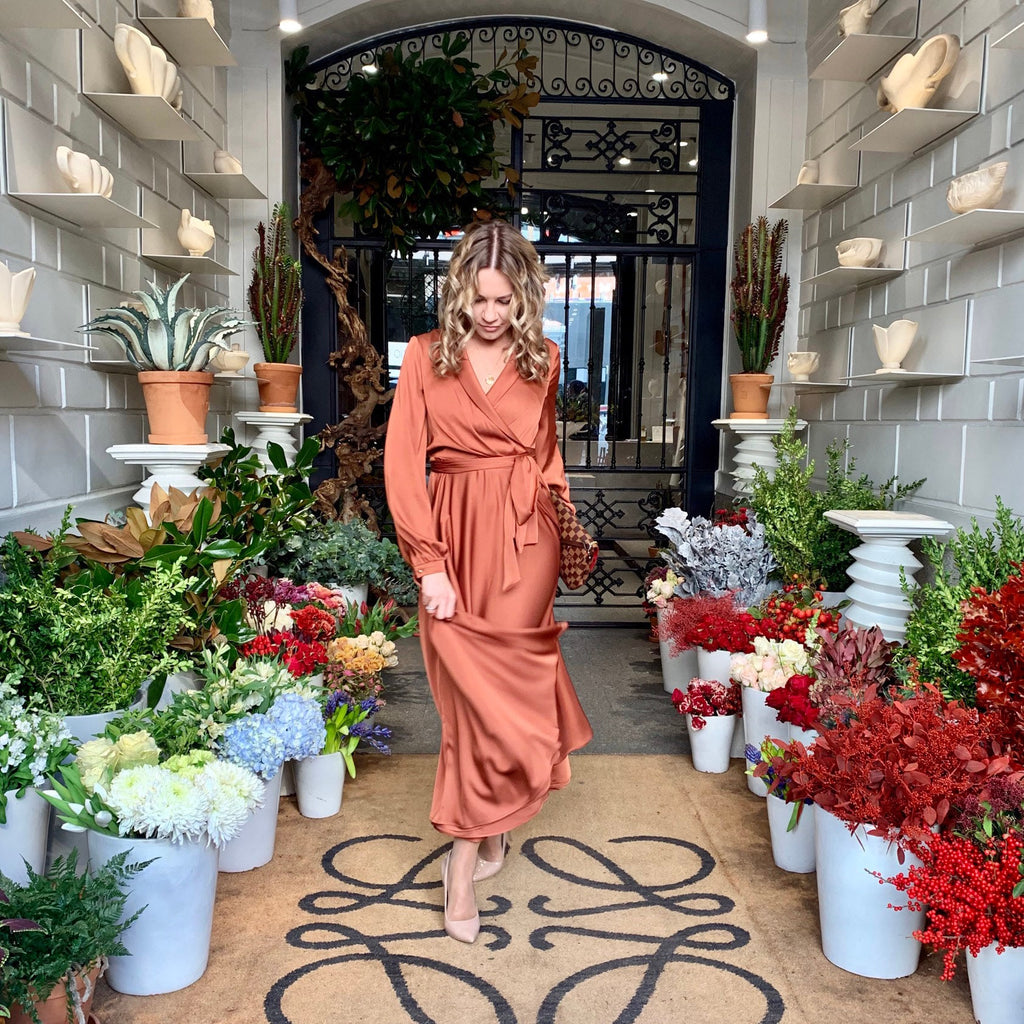 Lucia Orange Satin Midi Dress — view 2