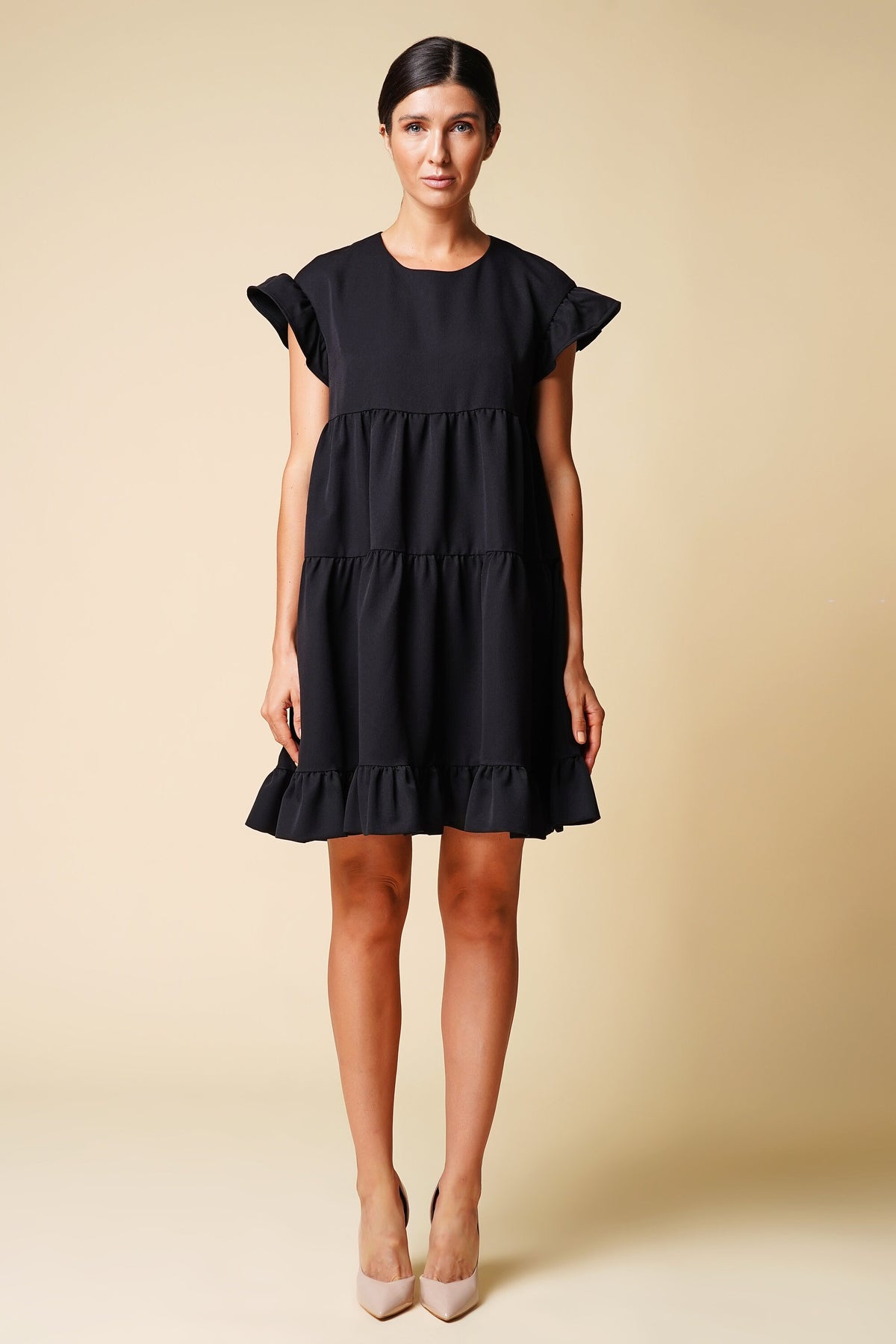 Pearl Black Ruffle Mini Dress — view 2