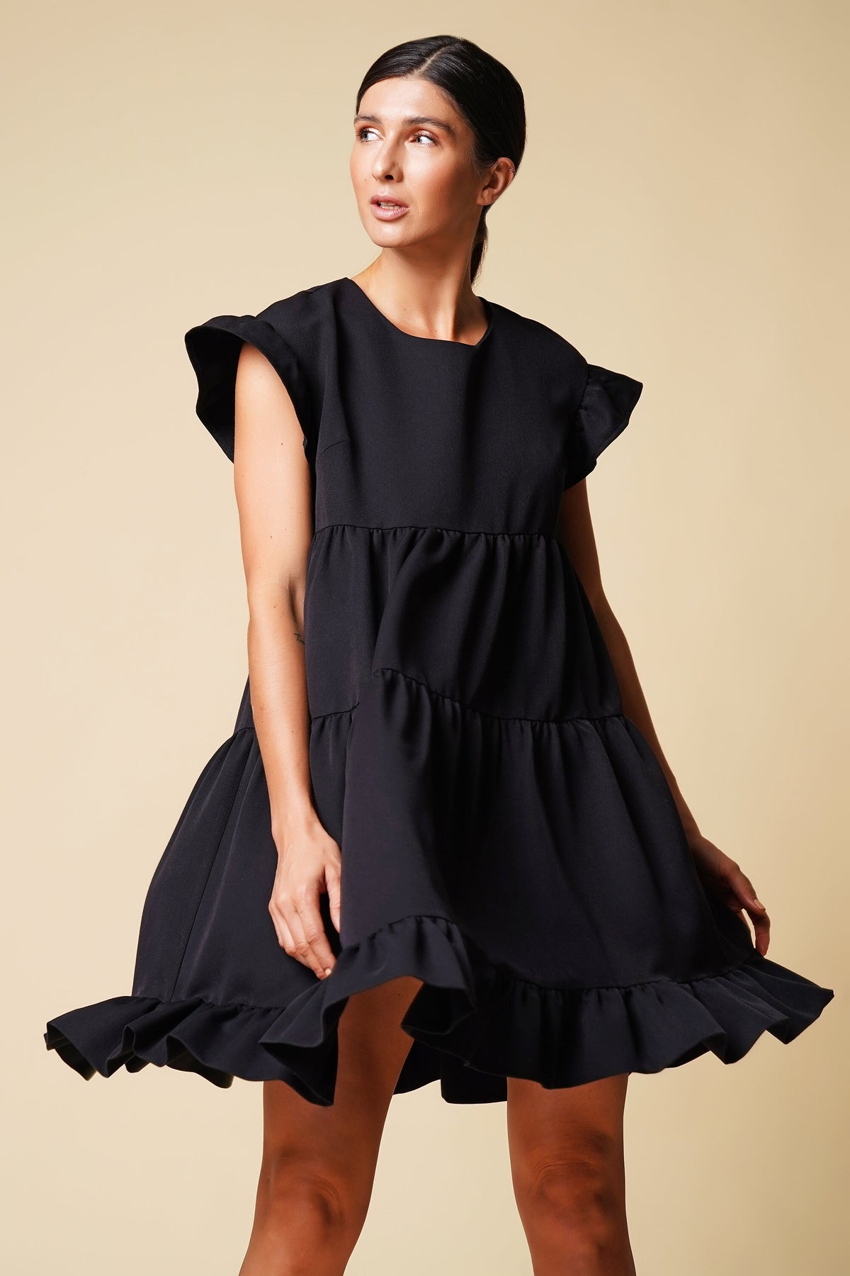 Pearl Black Ruffle Mini Dress — view 3