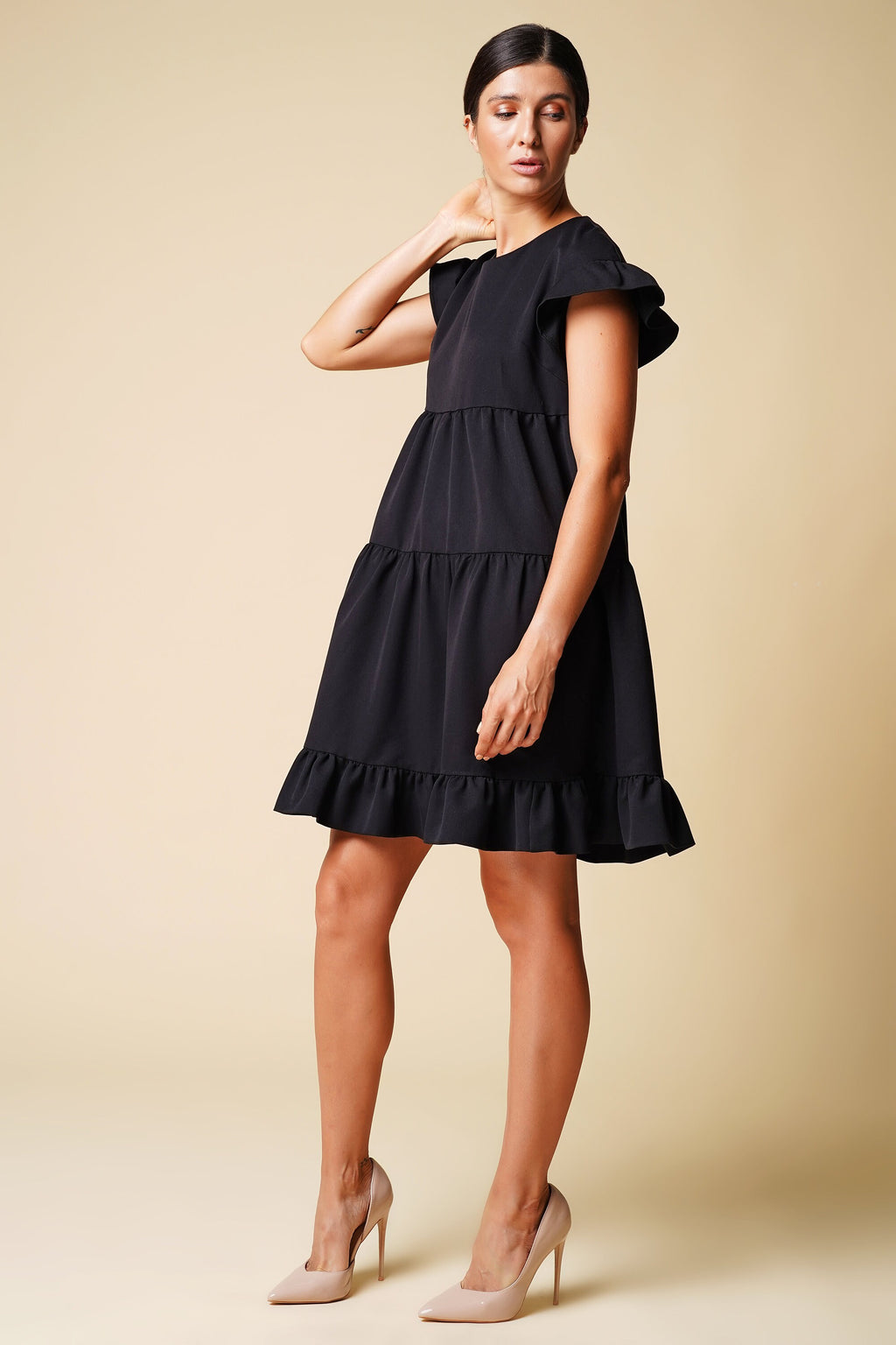 Pearl Black Ruffle Mini Dress — view 4