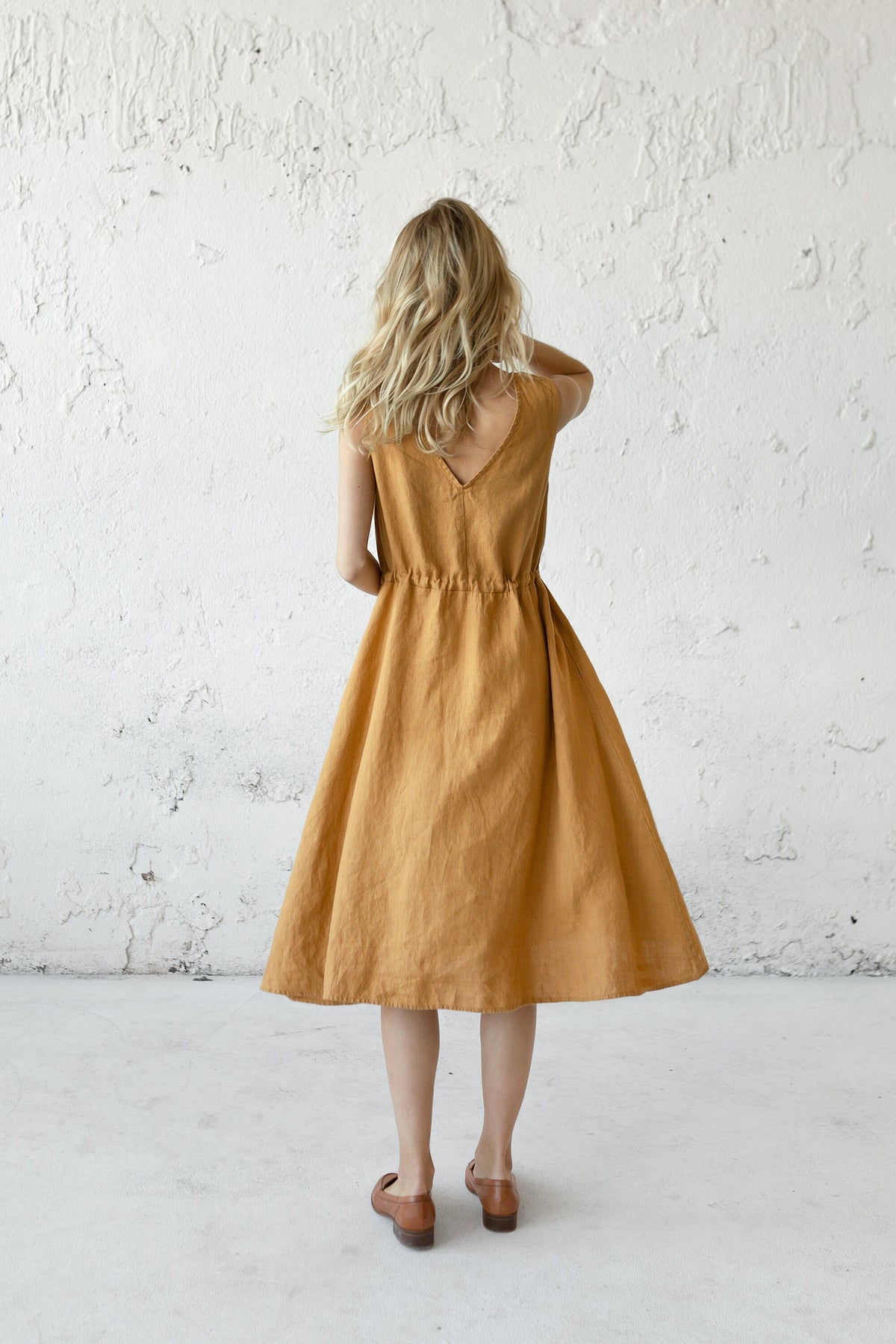Calla Mustard Linen Open-Back Midi Dress — Occasions by Paulette