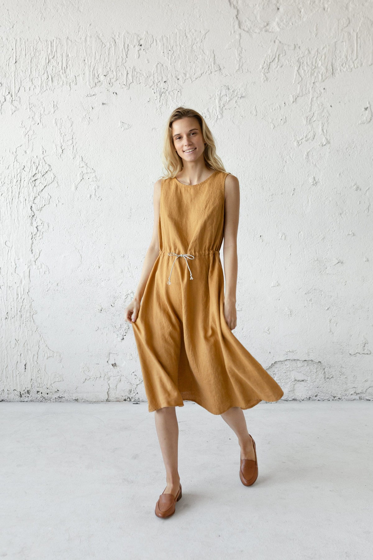 Calla Mustard Linen Open-Back Midi Dress — view 2