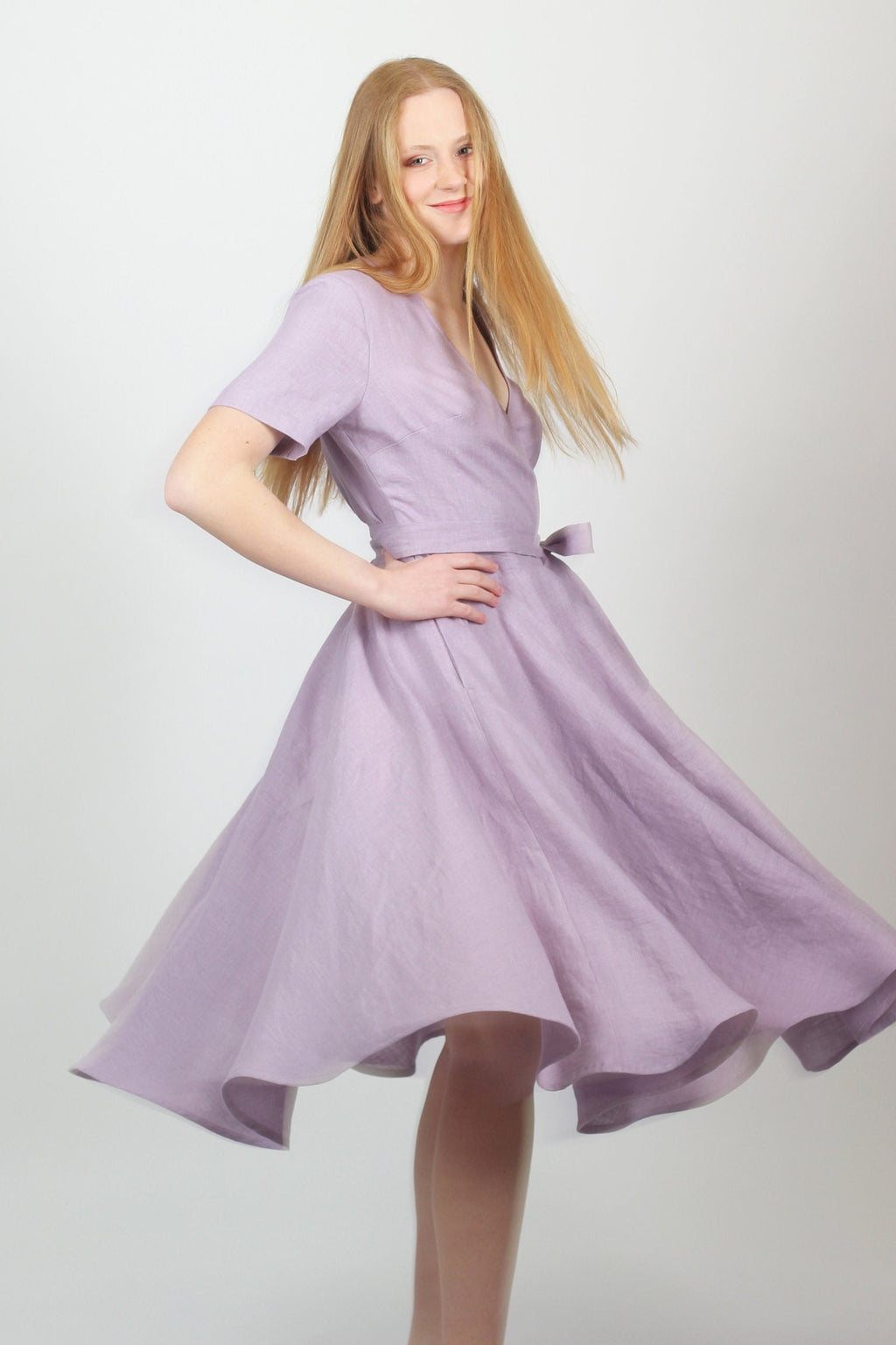 Ingrid Lilac Linen Wrap Midi Dress — view 2