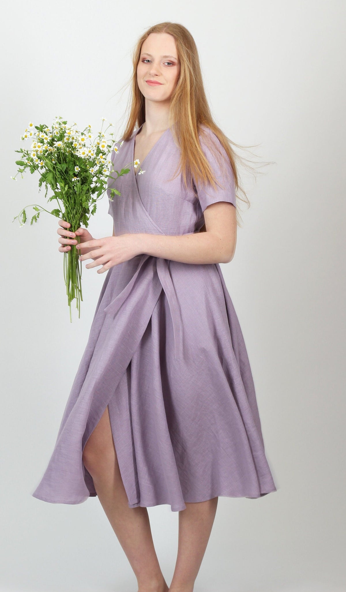 Ingrid Lilac Linen Wrap Midi Dress — view 3