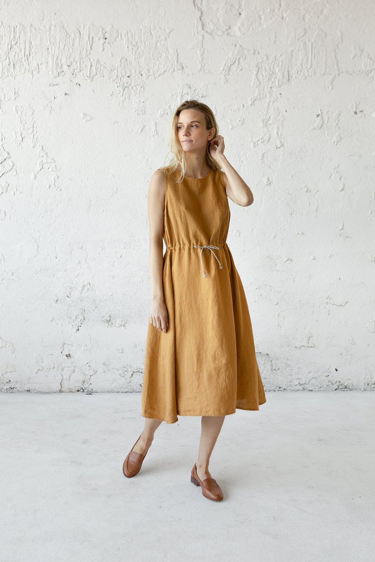 Calla Mustard Linen Open-Back Midi Dress — view 3