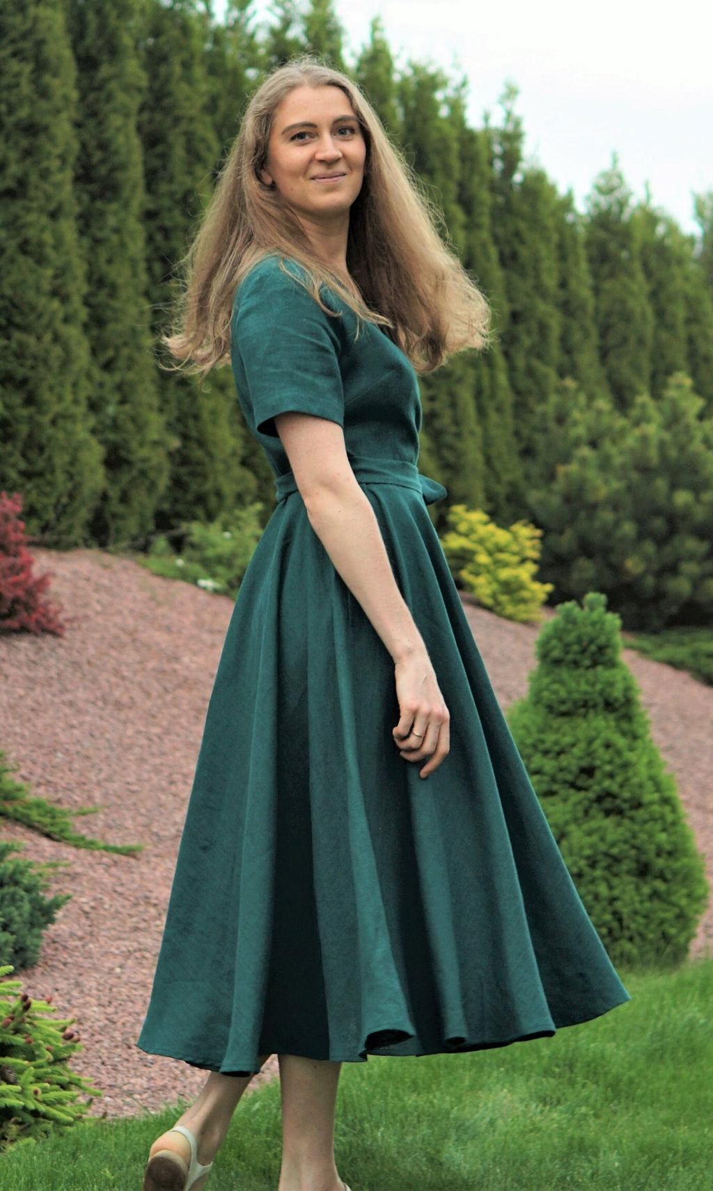 Stella Emerald Linen Wrap Midi Dress — view 3