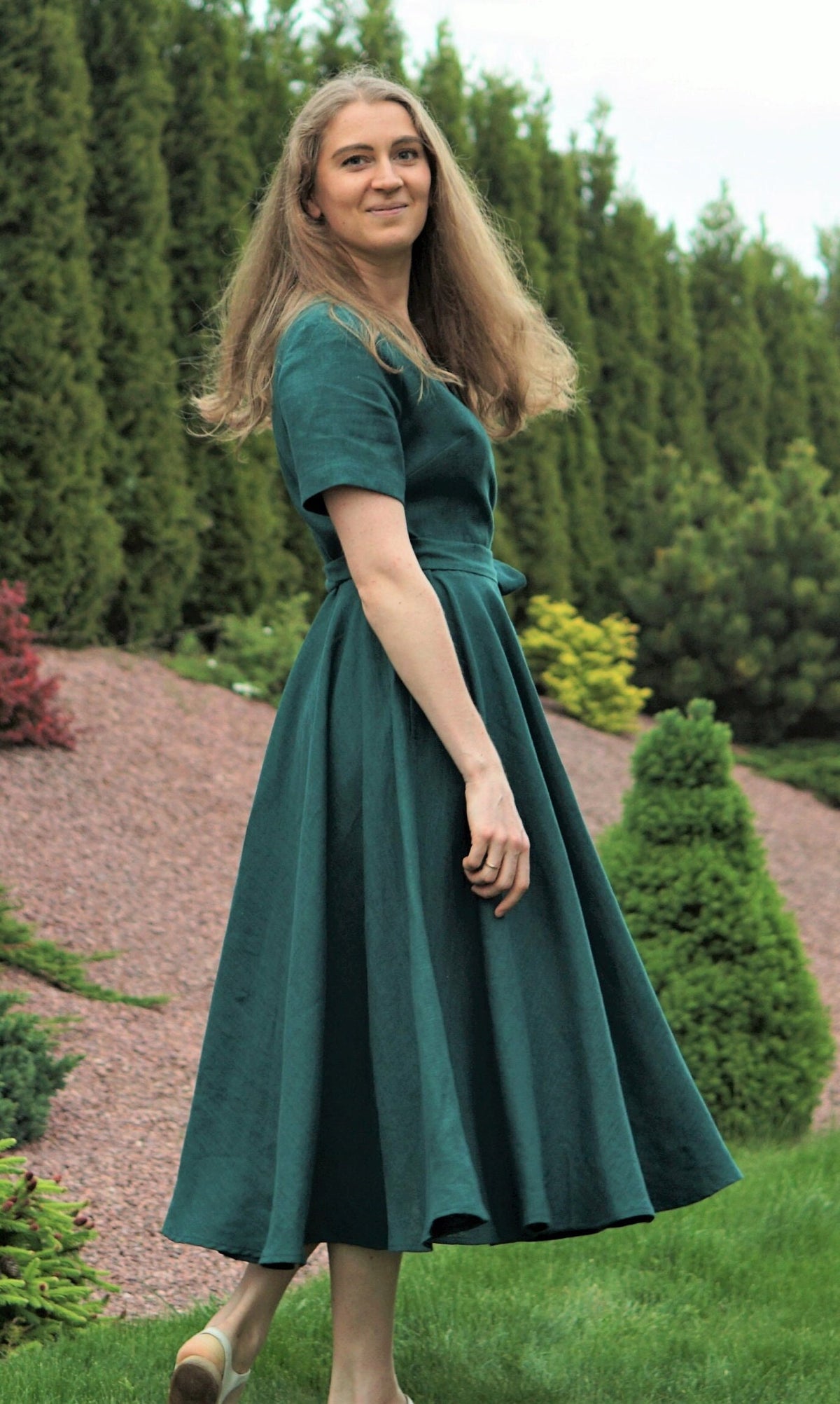 Stella Emerald Linen Wrap Midi Dress — view 3