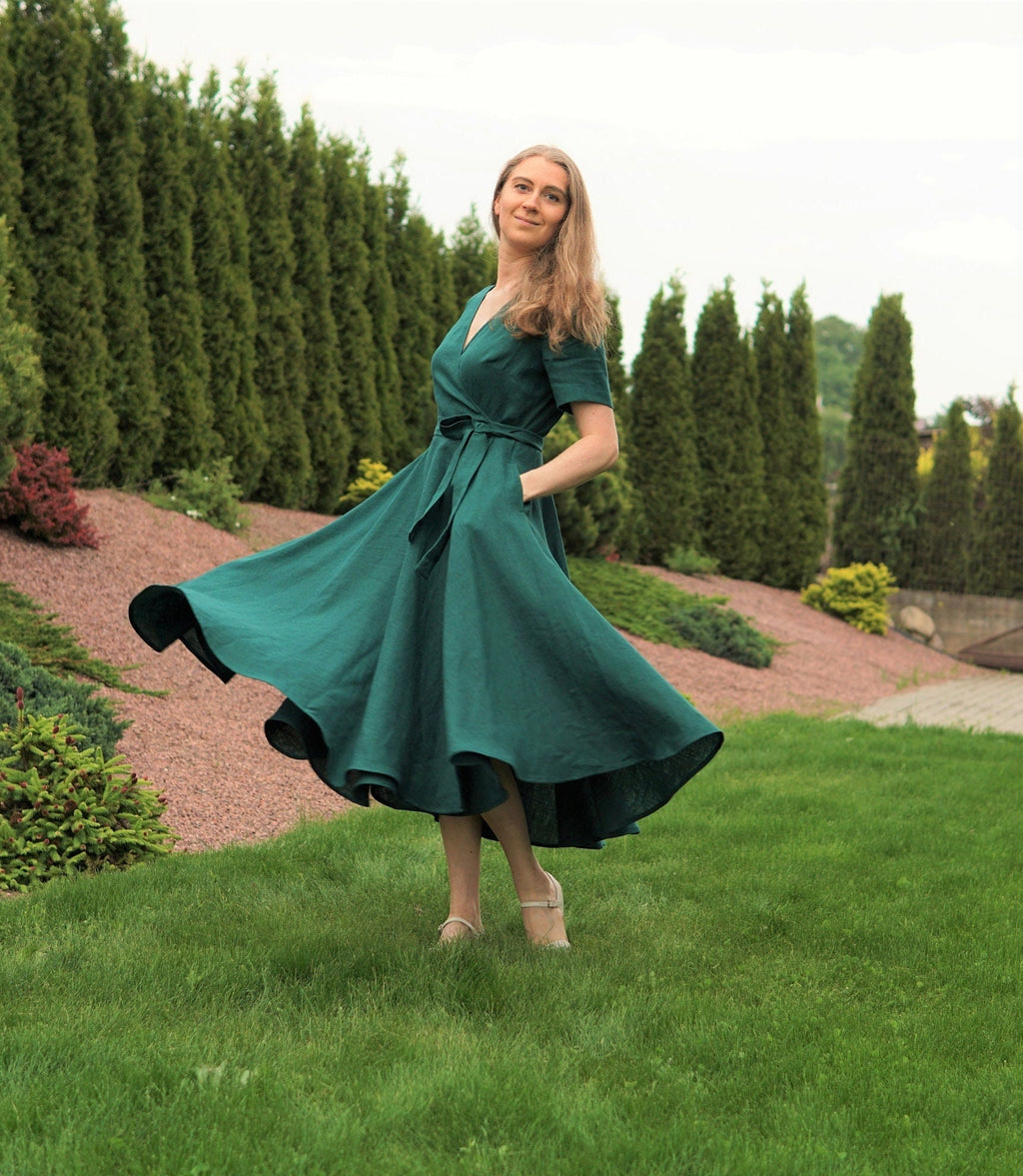 Stella Emerald Linen Wrap Midi Dress — view 2