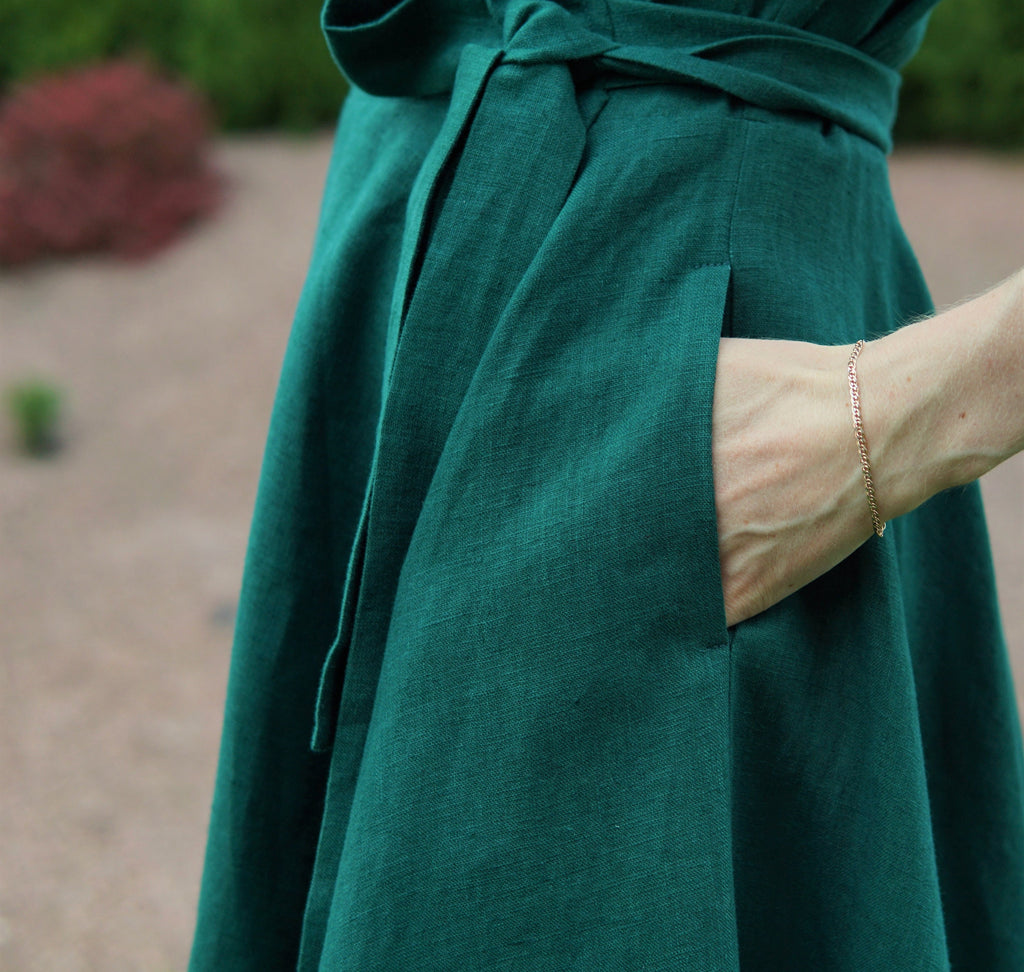 Stella Emerald Linen Wrap Midi Dress — view 5