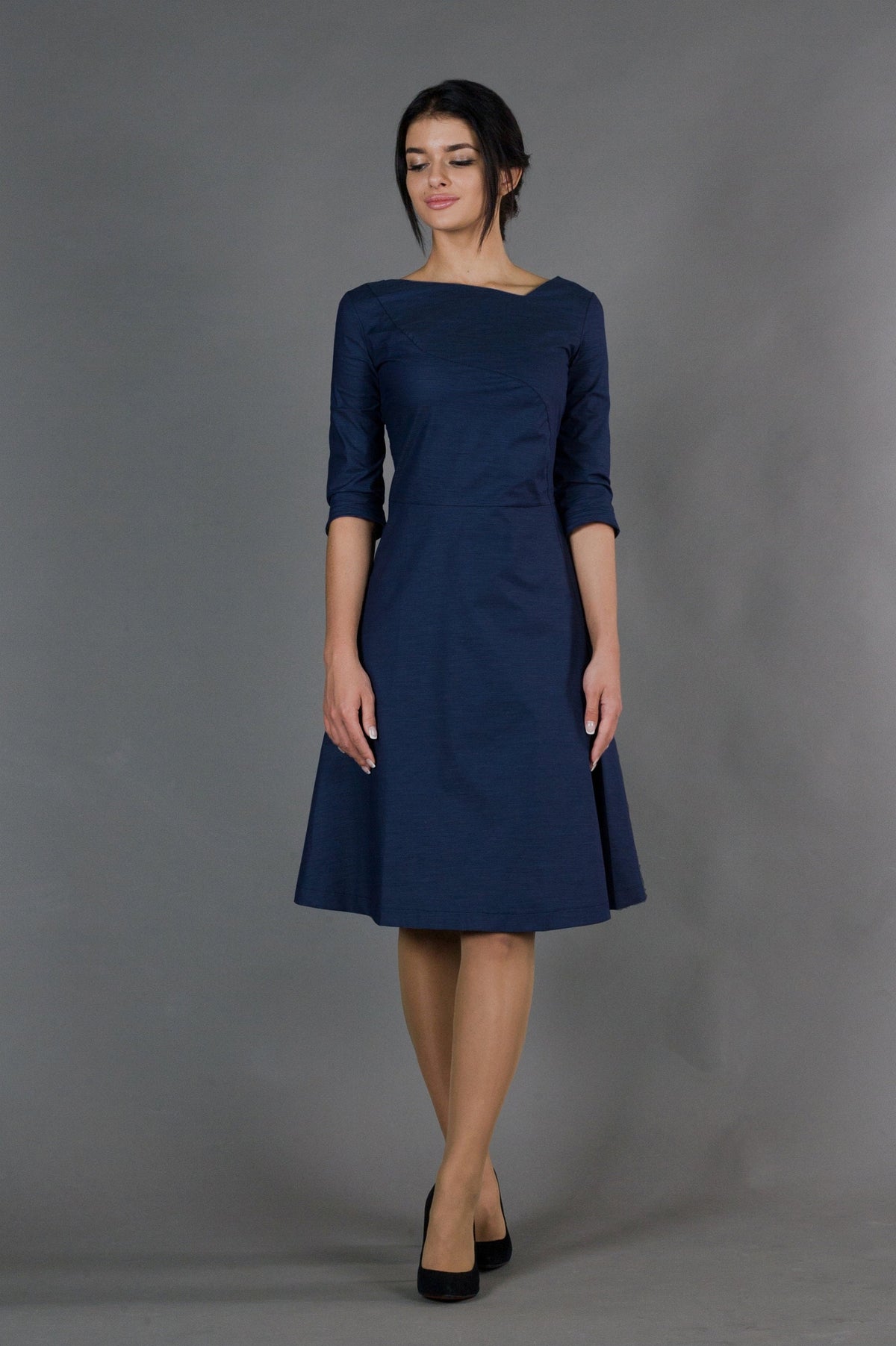 Helena Navy Fit-and-Flare Midi Dress — view 2