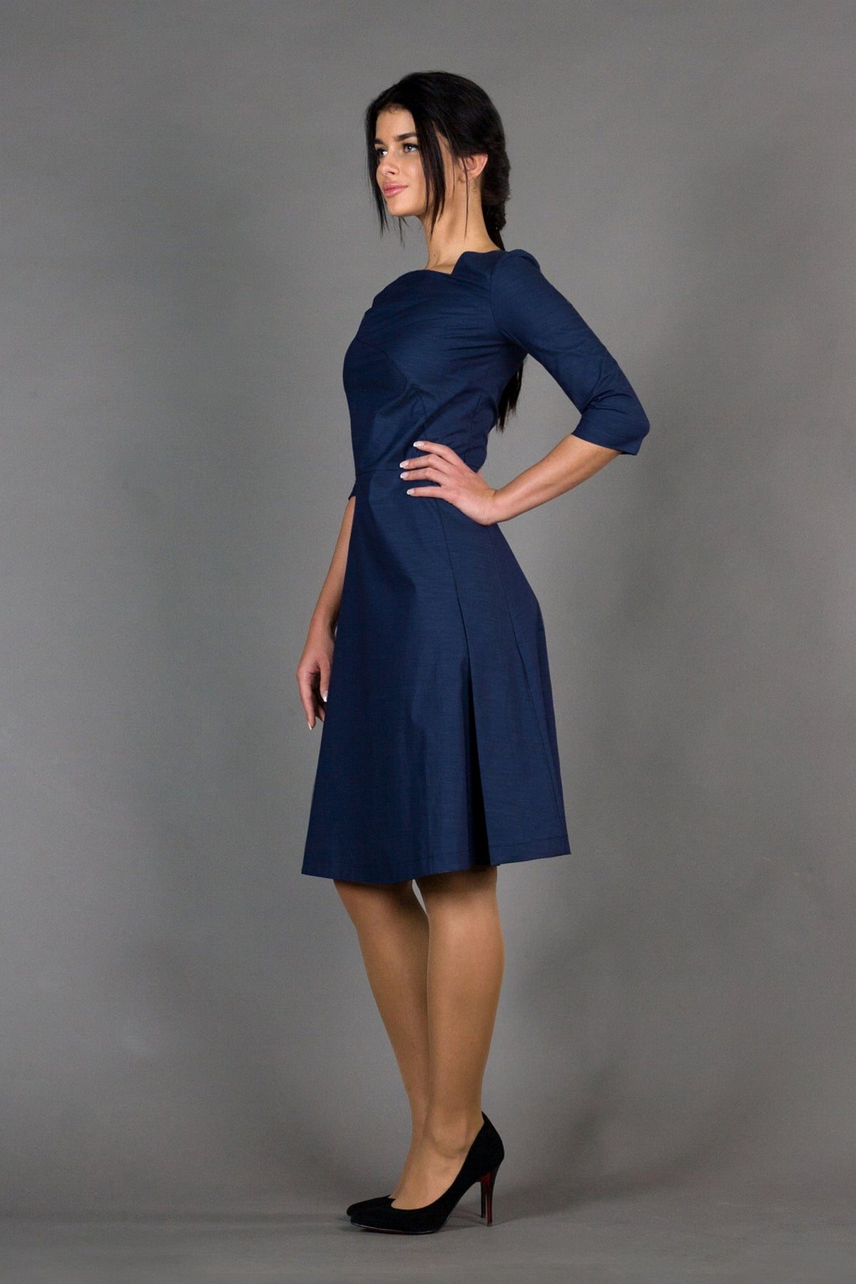 Helena Navy Fit-and-Flare Midi Dress — view 3