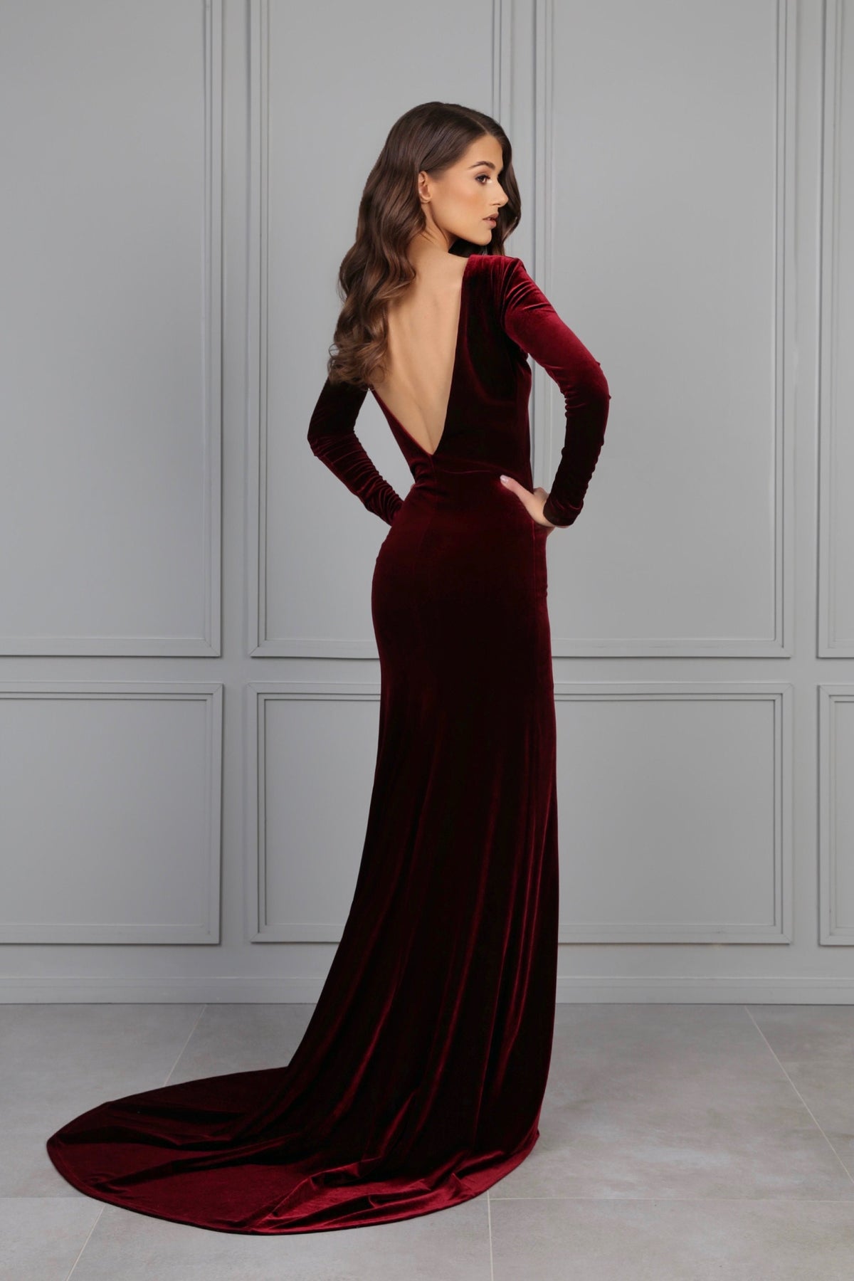 Carmen Burgundy Velvet Open-Back Maxi Dress — view 2