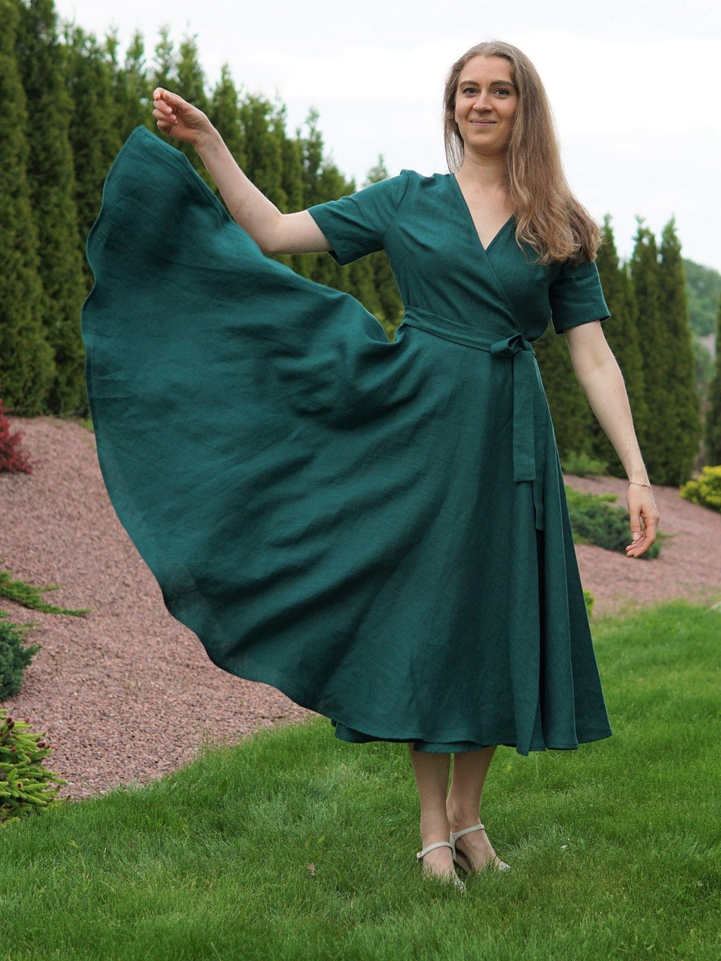 Stella Emerald Linen Wrap Midi Dress — Occasions by Paulette
