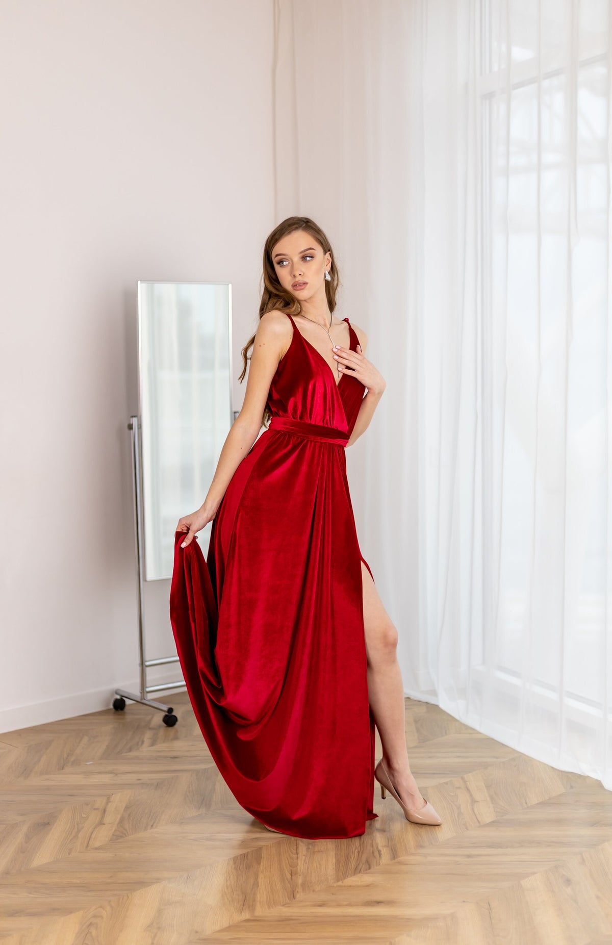 Winnie Red Velvet Maxi Dress — view 2