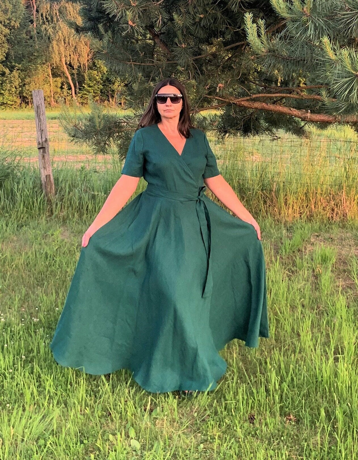 Marlo Emerald Linen Wrap Maxi Dress — view 2