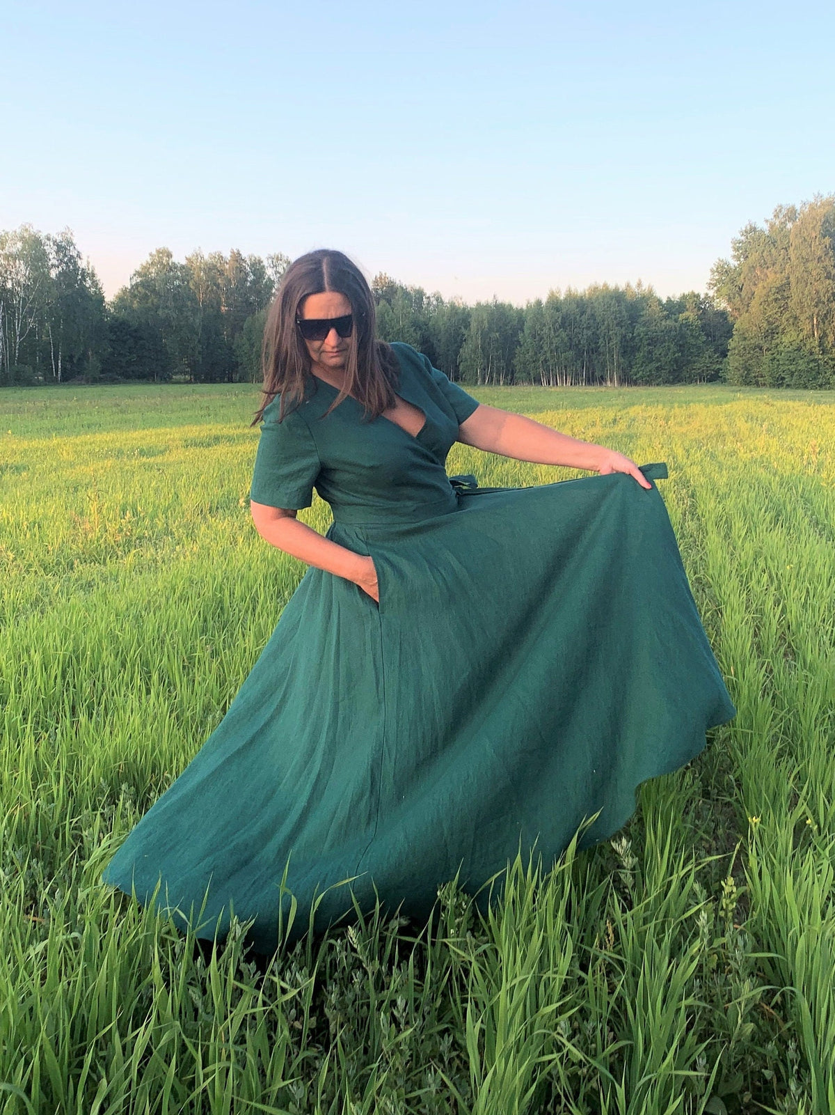 Marlo Emerald Linen Wrap Maxi Dress — view 4