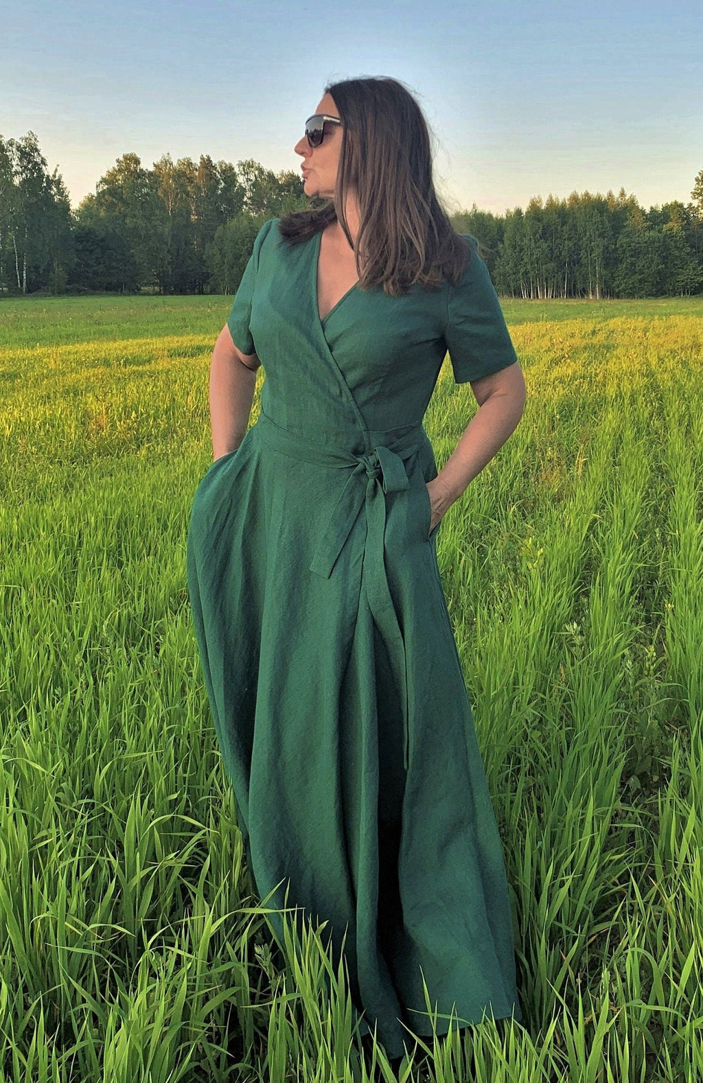 Marlo Emerald Linen Wrap Maxi Dress — view 3