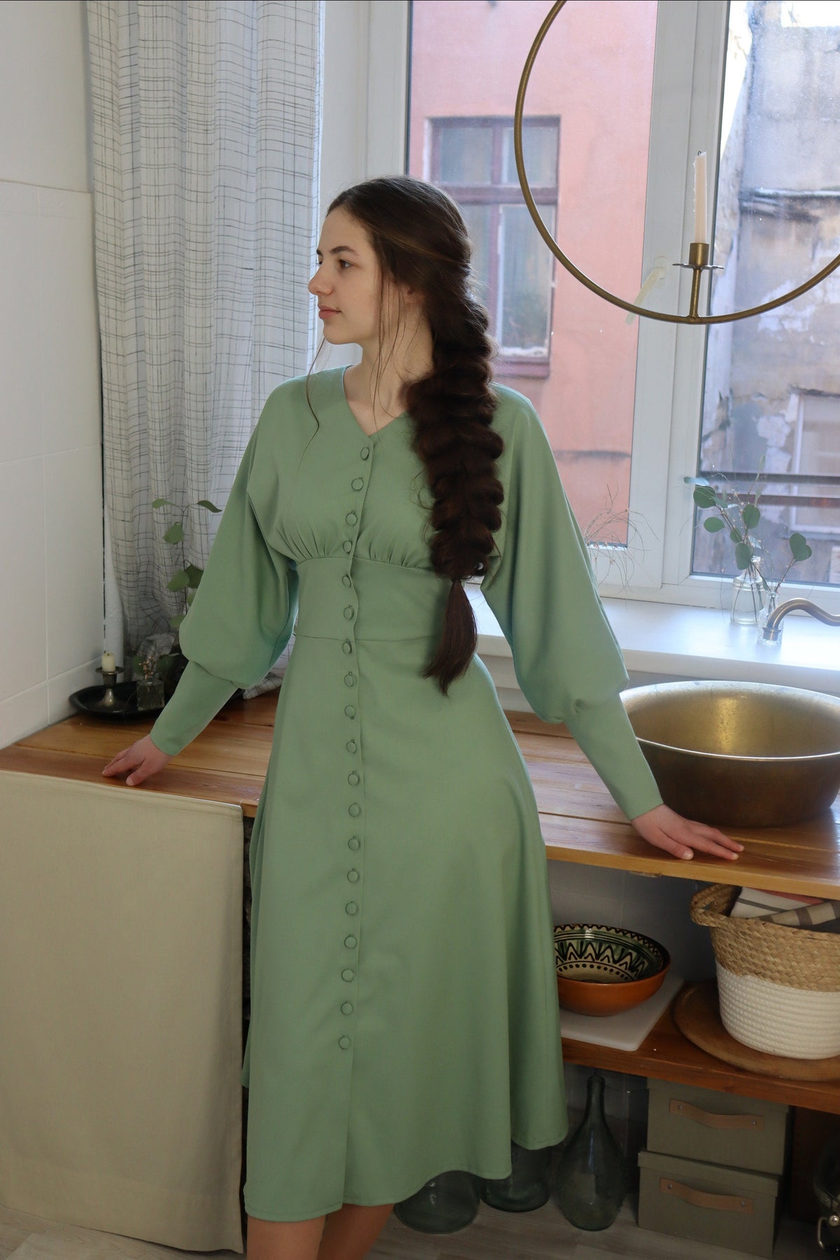 Mila Sage Cotton Midi Dress — view 2