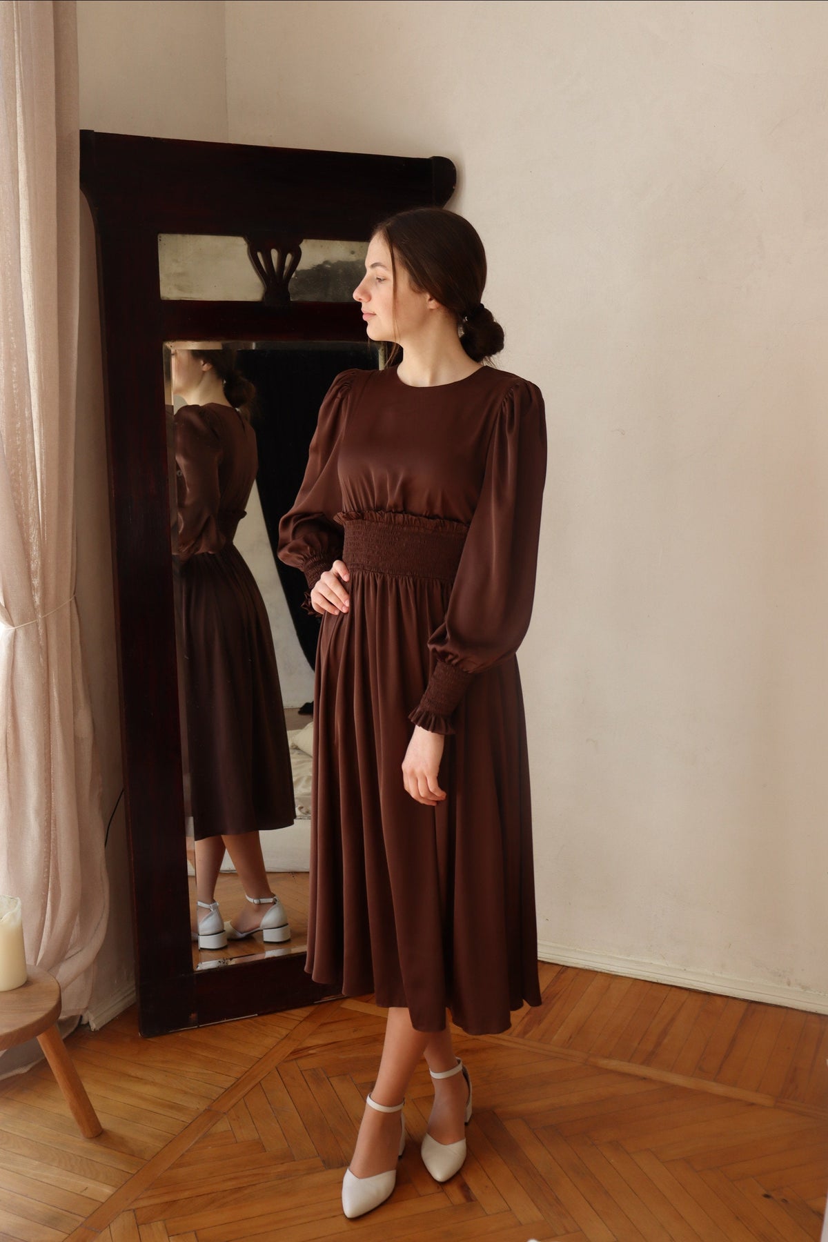 Pia Brown Satin Midi Dress — view 4