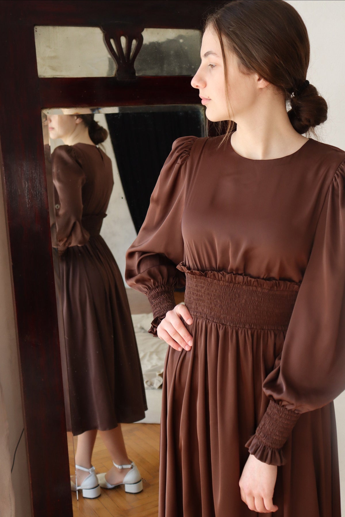 Pia Brown Satin Midi Dress — view 3