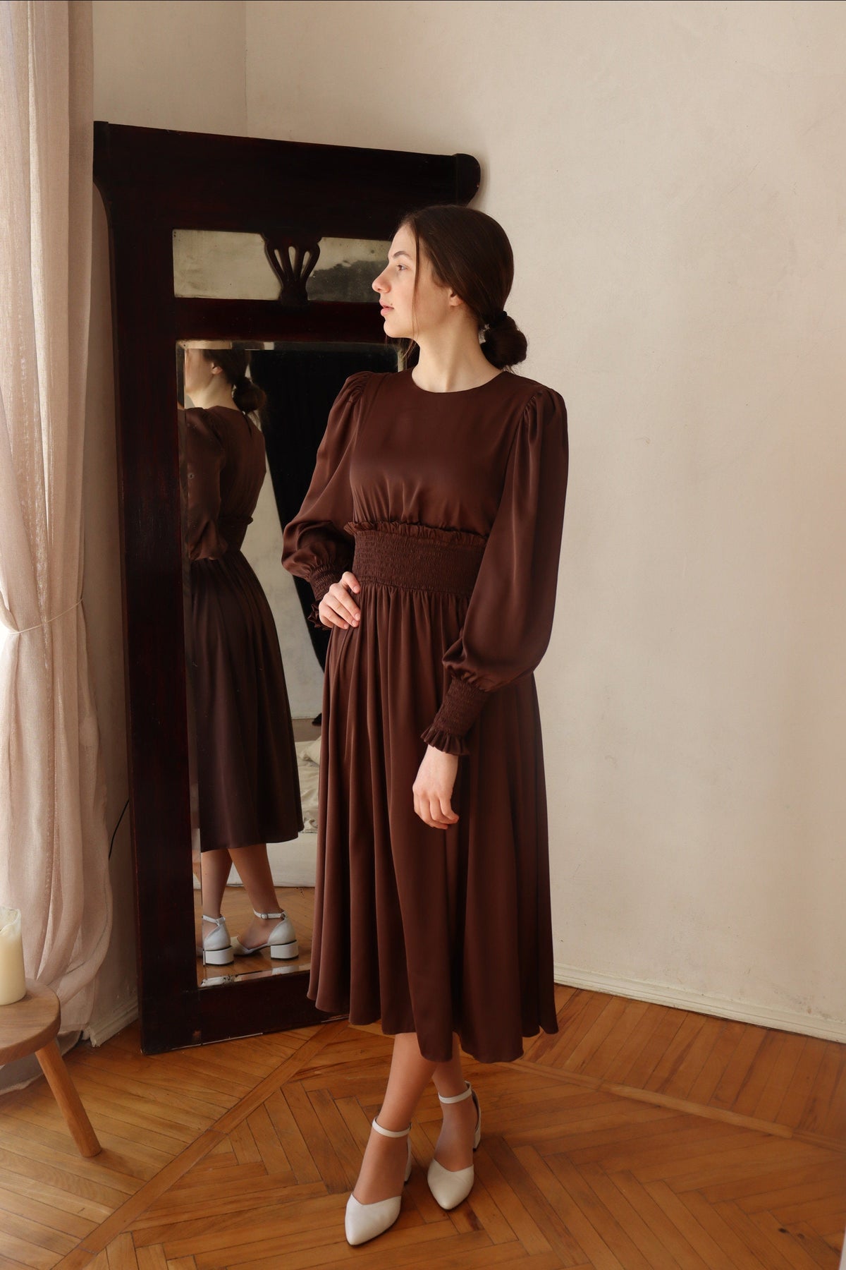 Pia Brown Satin Midi Dress — view 6