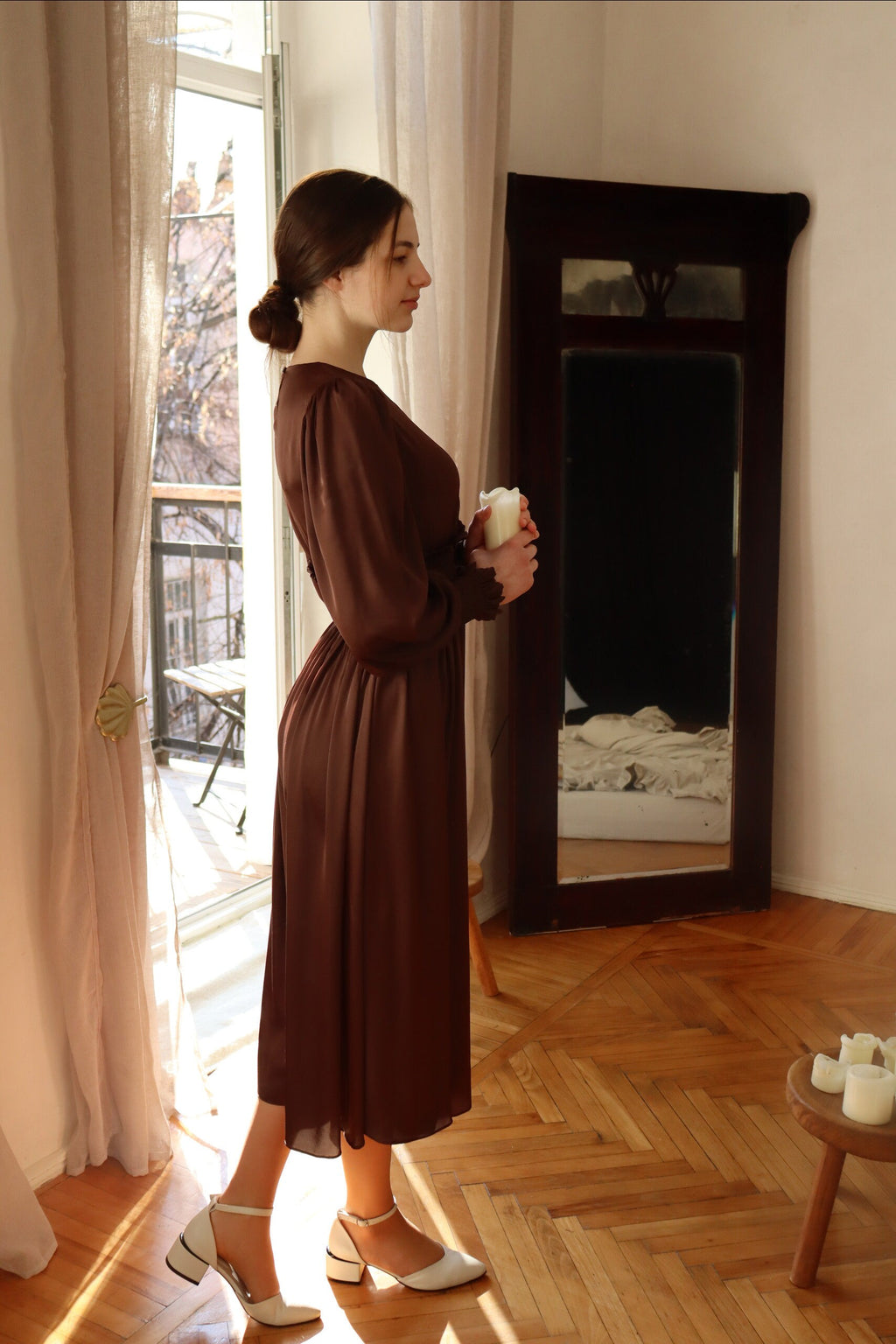 Pia Brown Satin Midi Dress — view 5