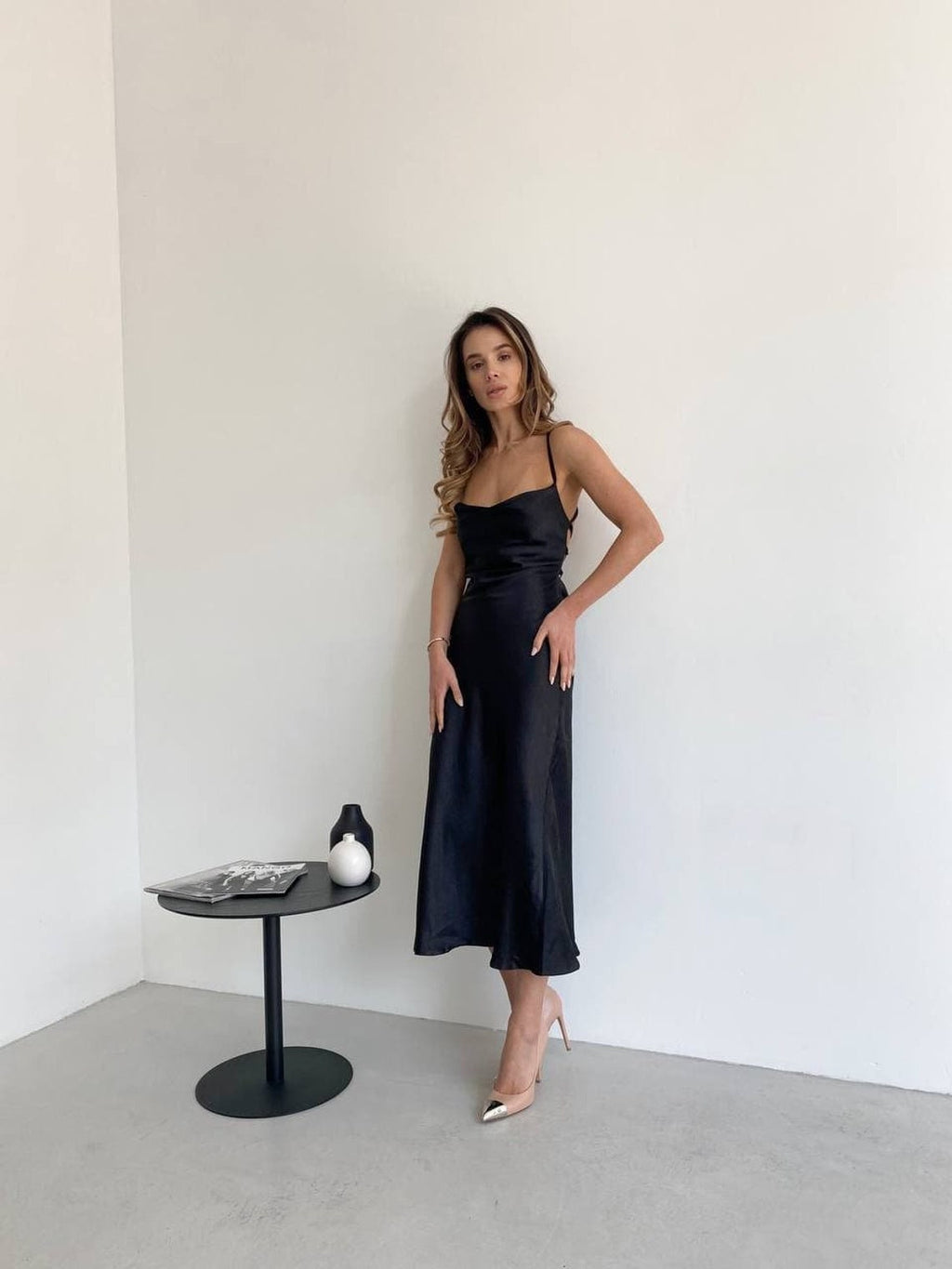 Faye Black Satin Midi Dress — view 3