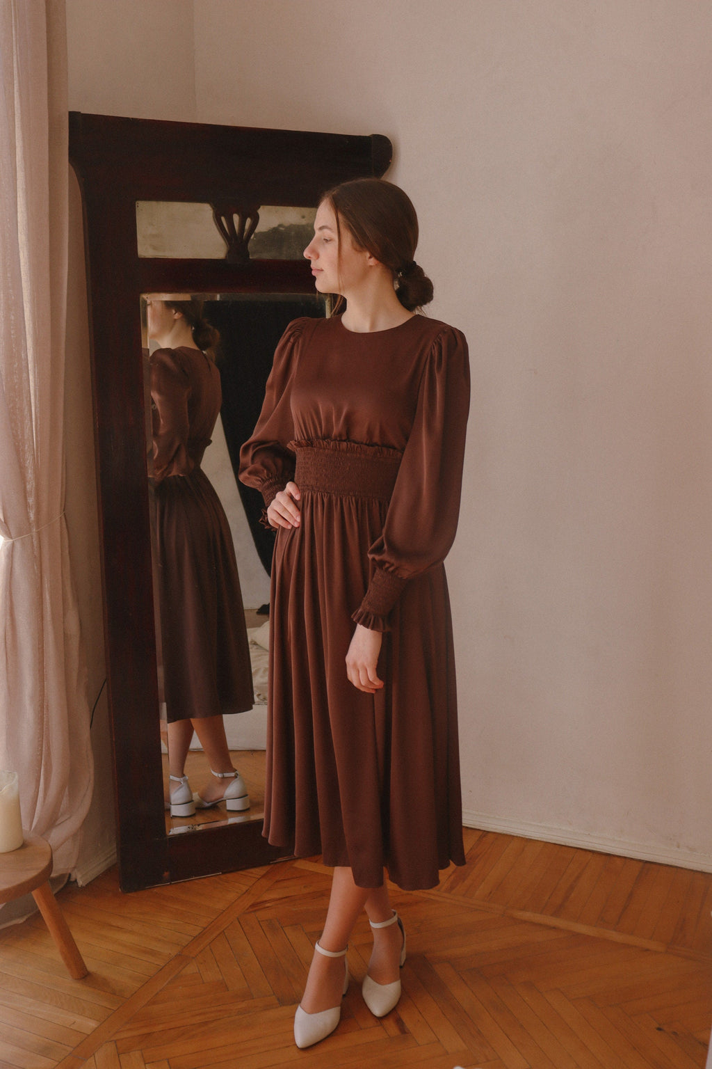 Pia Brown Satin Midi Dress — view 2