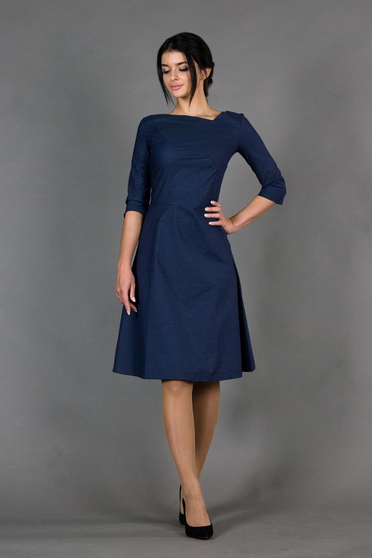 Helena Navy Fit-and-Flare Midi Dress — Occasions by Paulette