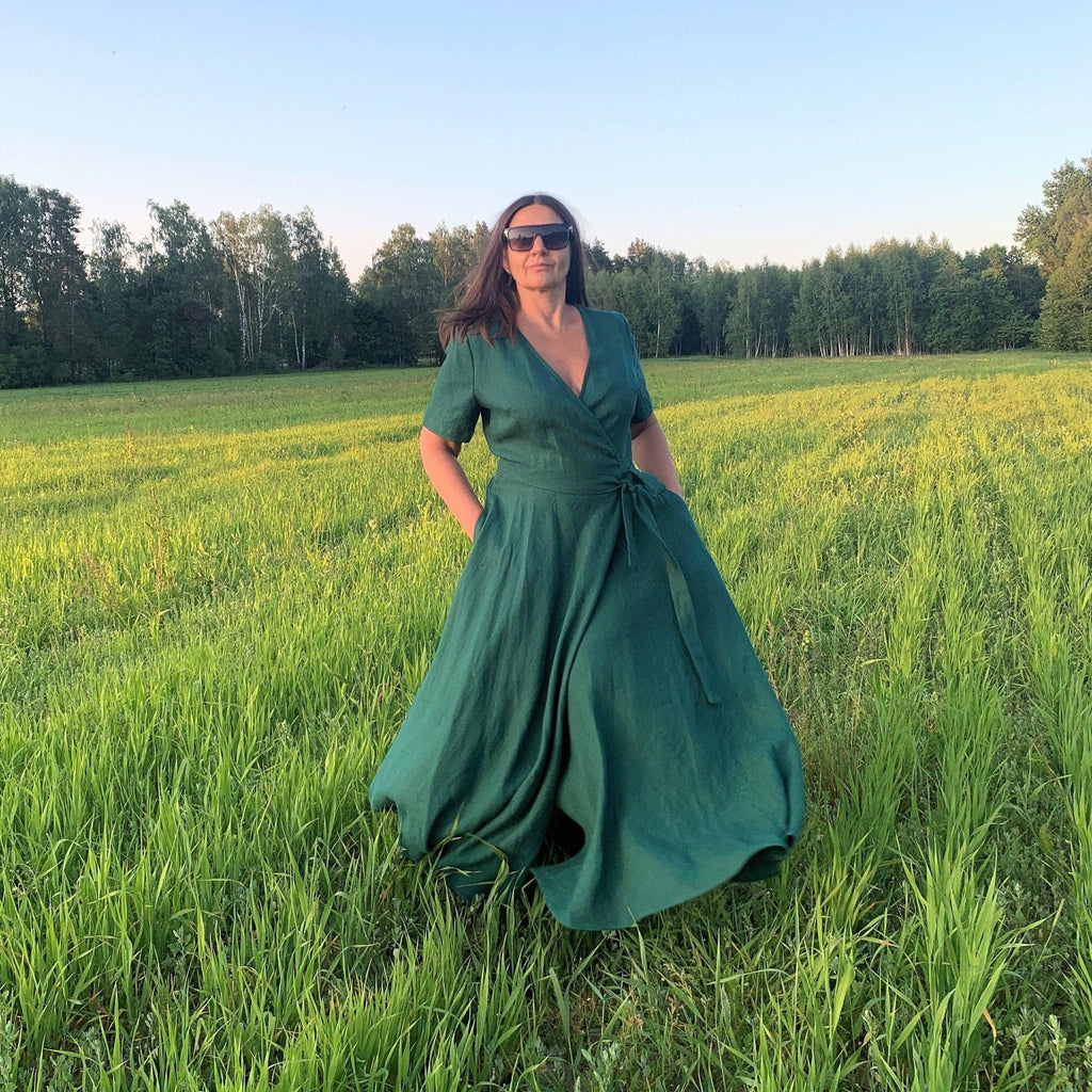Marlo Emerald Linen Wrap Maxi Dress — Occasions by Paulette