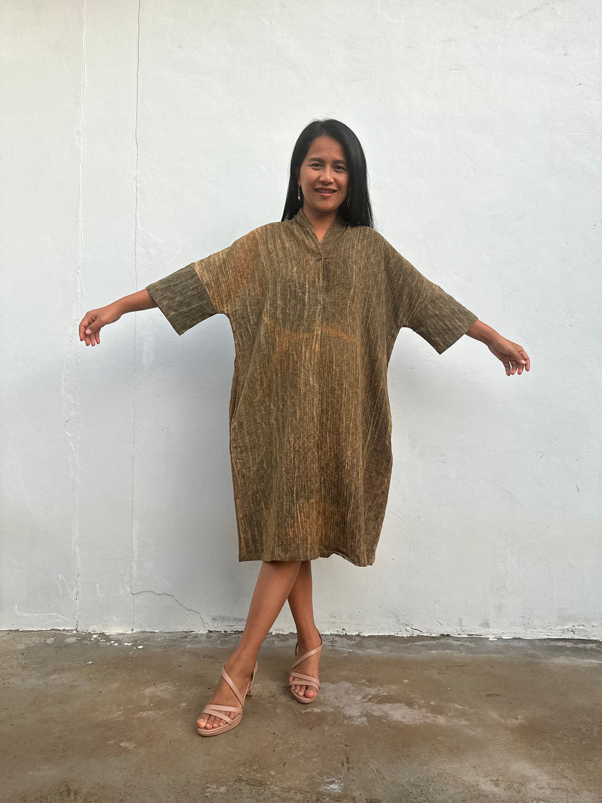 Alma Olive Cotton Kaftan Midi Dress — view 2