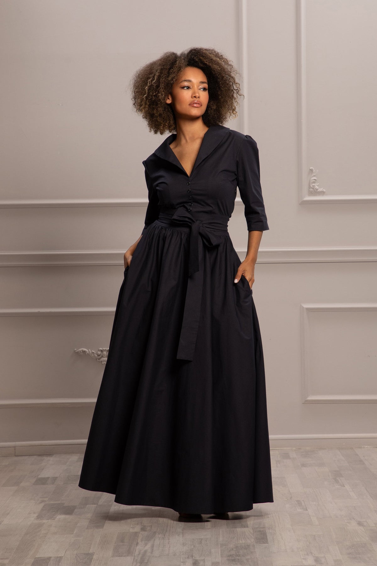 Wilma Black Cotton Maxi Dress — view 2