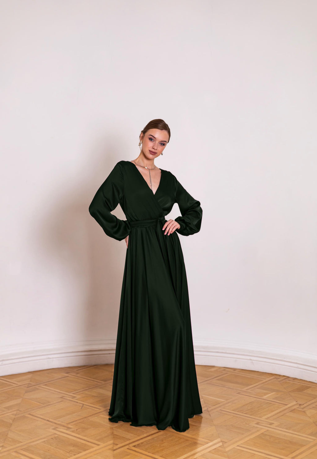 Nadia Olive Satin Open-Back Maxi Dress — view 2