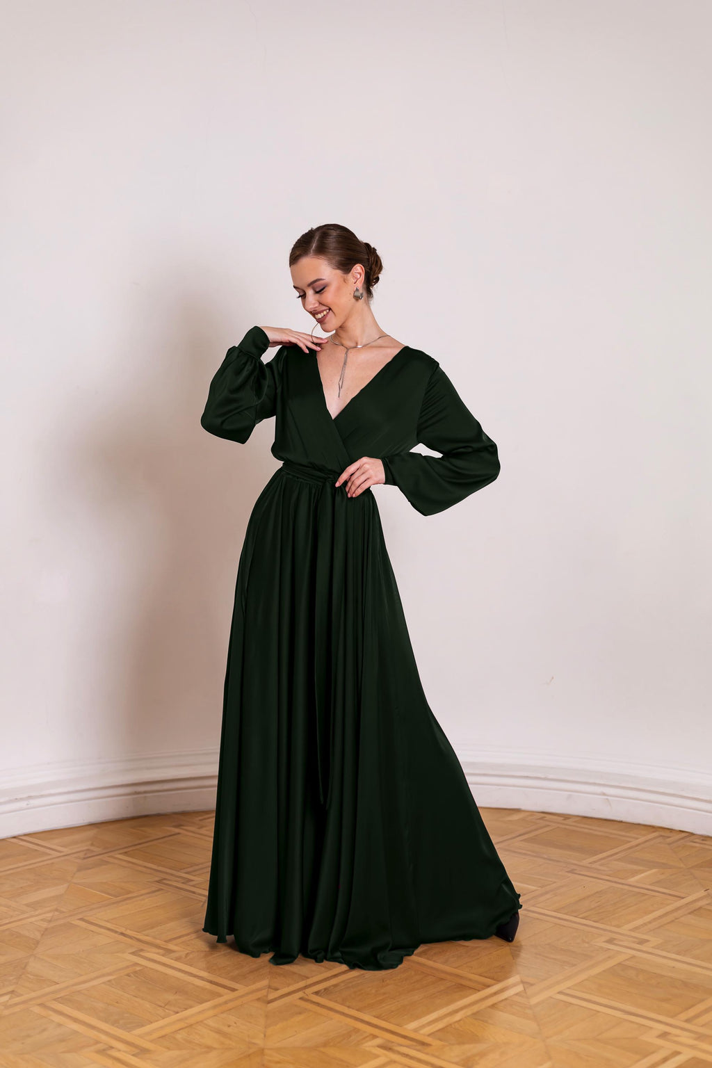 Nadia Olive Satin Open-Back Maxi Dress — view 3